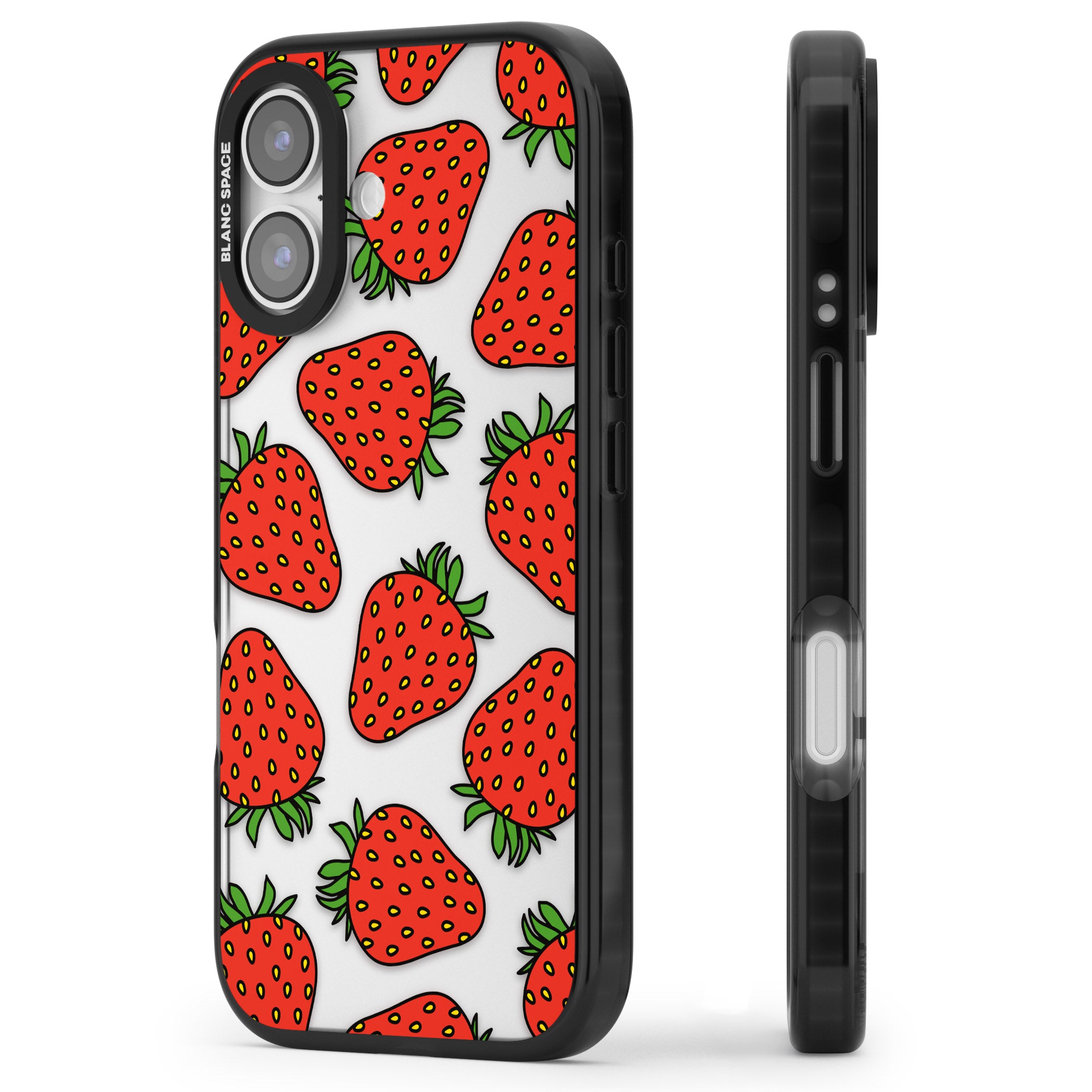 Strawberry Pattern iPhone 17 Impact Black Phone Case Side Profile