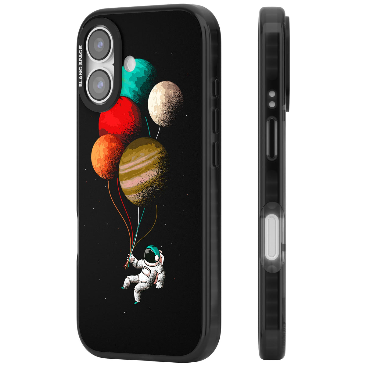 Astronaut Balloon Planets iPhone 16 / iPhone 16 Plus / iPhone 17 Impact Black Phone Case side