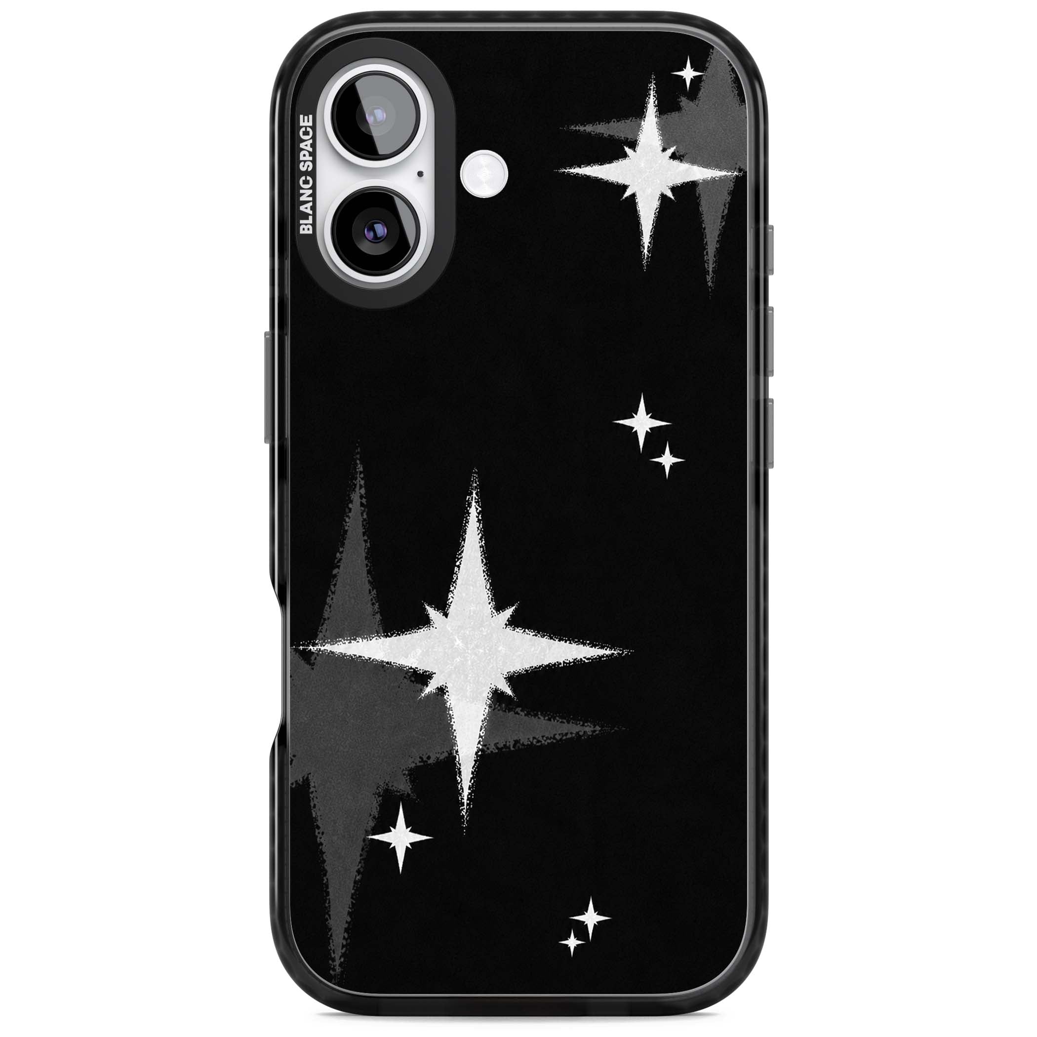 Black Sparkle celestial iPhone case featuring white sparkle stars on a black night sky background | Clear Impact case for iPhone 17