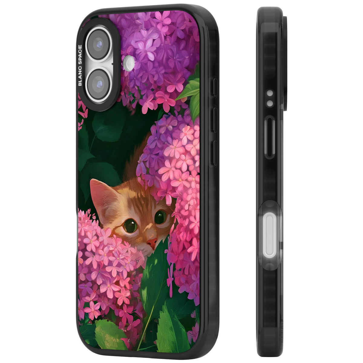 Cat In Pink Flowers iPhone 16 / iPhone 16 Plus / iPhone 17 Impact Black Phone Case side