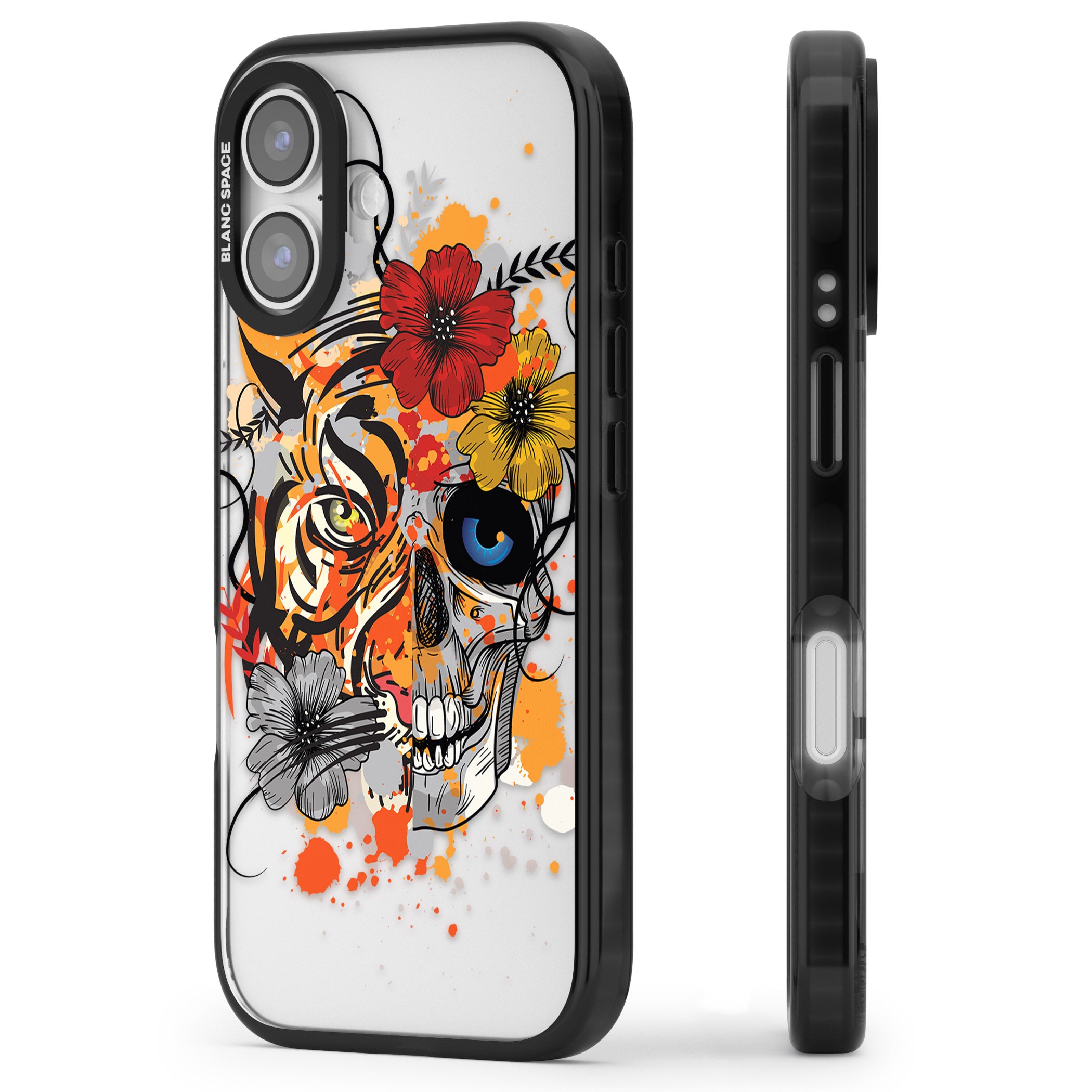 Sugar Skull Tiger Floral iPhone 17 Impact Black Phone Case Side Profile