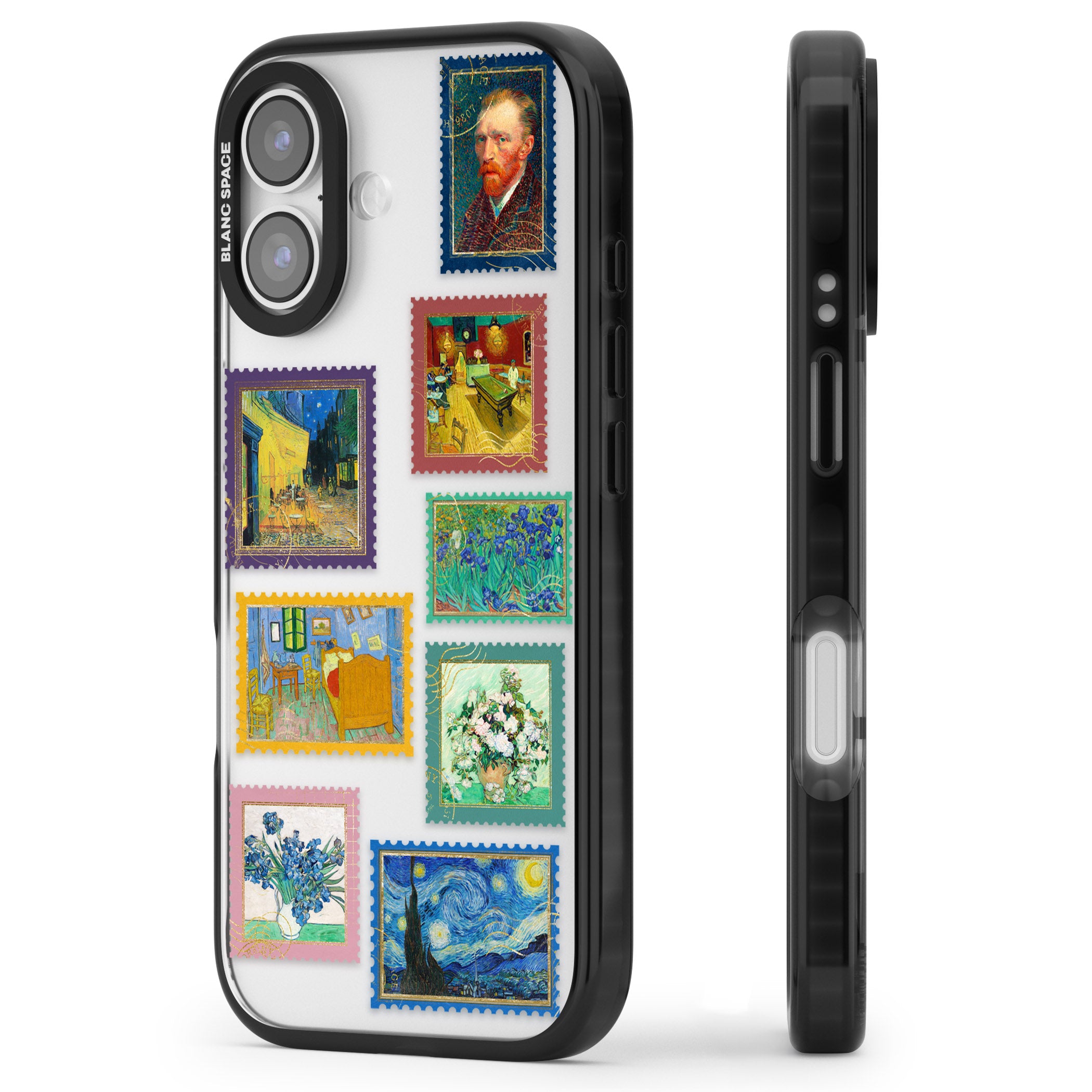 Colourful Vintage Art Stamps iPhone 17 Impact Black Phone Case Side Profile
