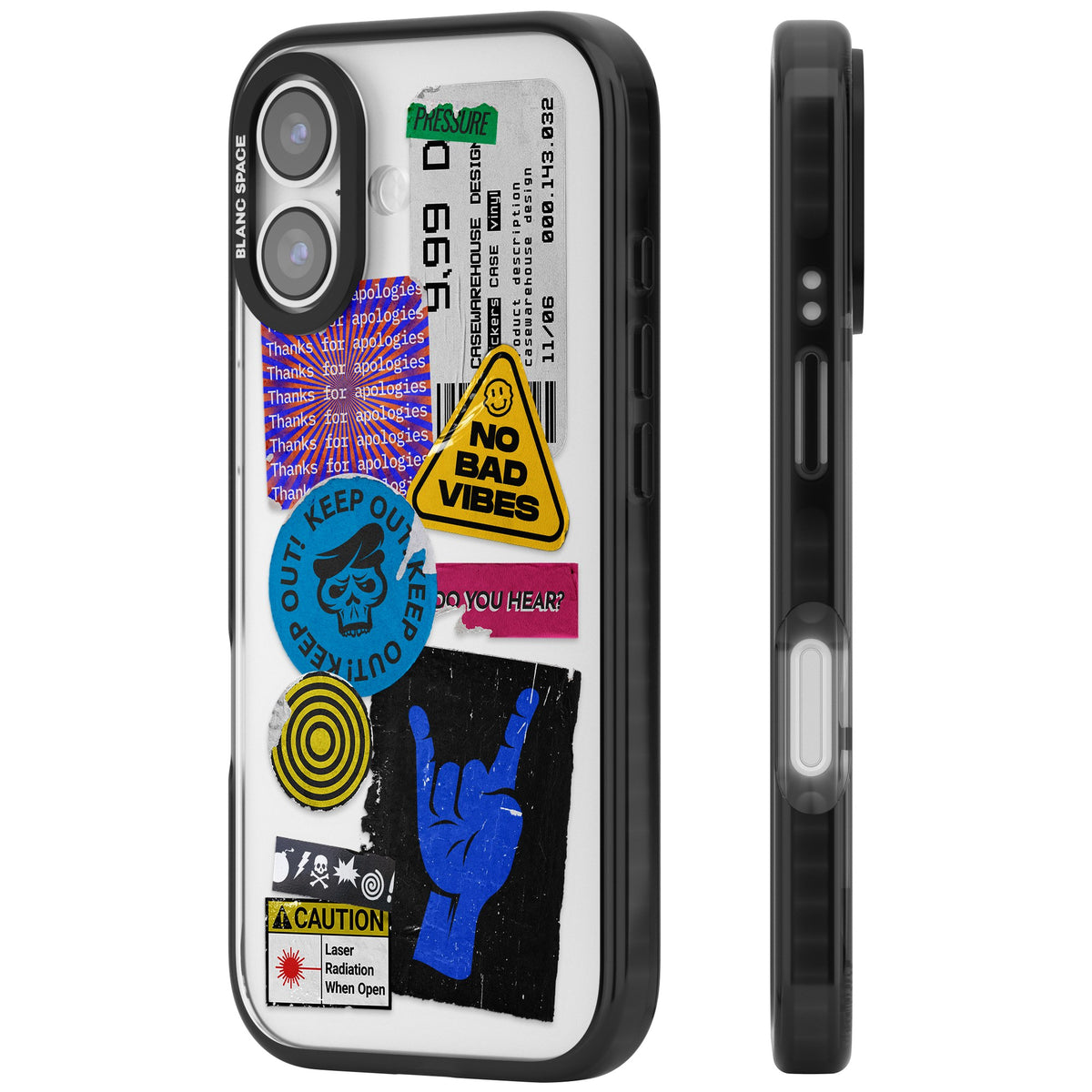 No Bad Vibes Sticker Mix iPhone 16 / iPhone 16 Plus / iPhone 17 Impact Black Phone Case side