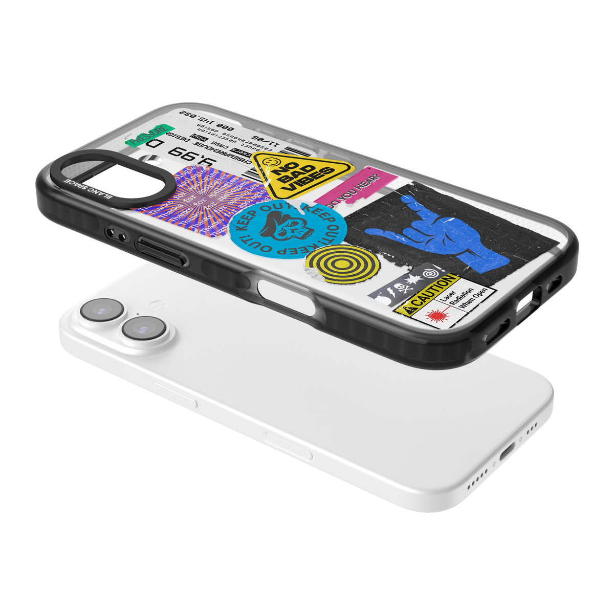 No Bad Vibes Sticker Mix iPhone 16 / iPhone 16 Plus / iPhone 17 Impact Black Phone Case angled
