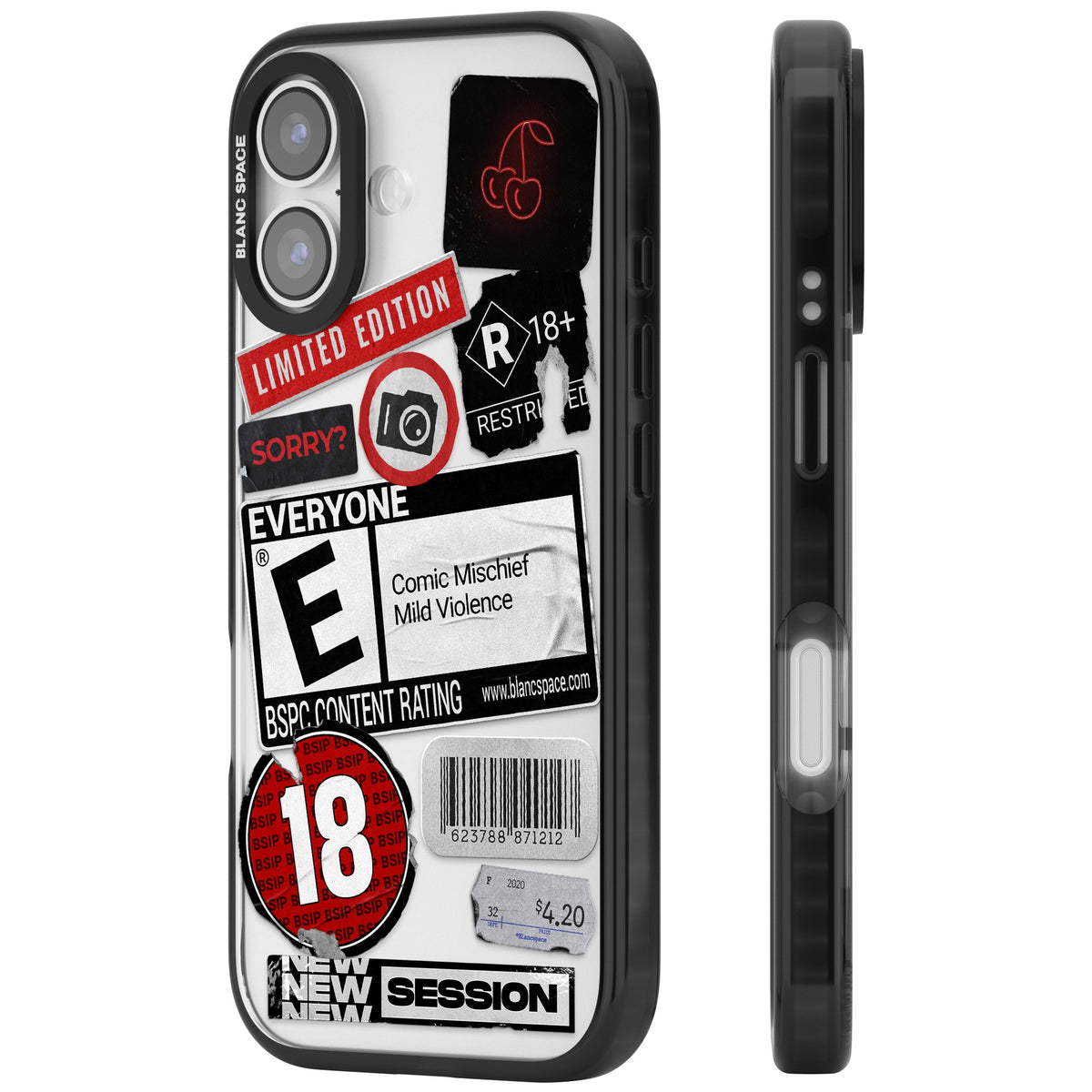 Parental Advisory iPhone 16 / iPhone 16 Plus / iPhone 17 Impact Black Phone Case side