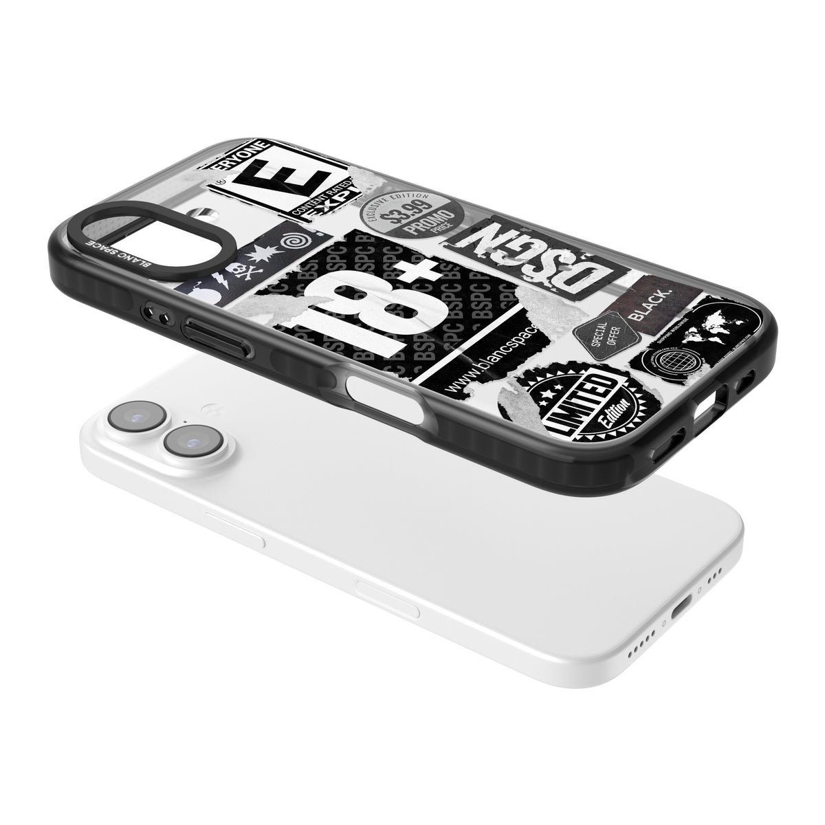 Black Sticker Mix iPhone 16 / iPhone 16 Plus / iPhone 17 Impact Black Phone Case angled