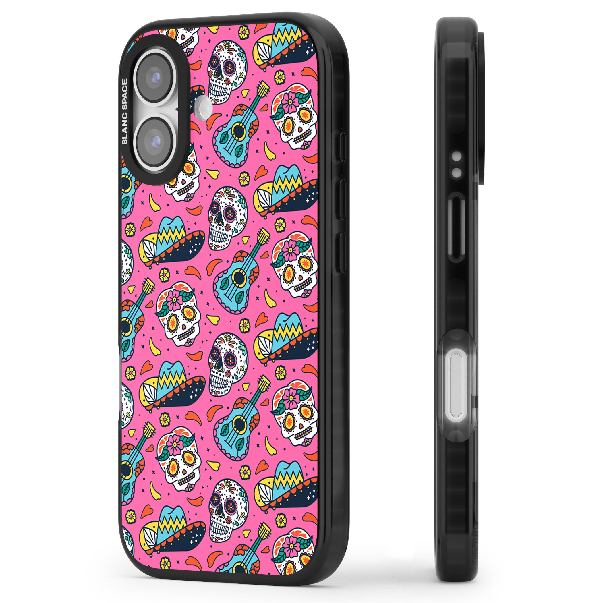 Pink Day Of The Dead Pattern iPhone 17 Impact Black Phone Case Side Profile