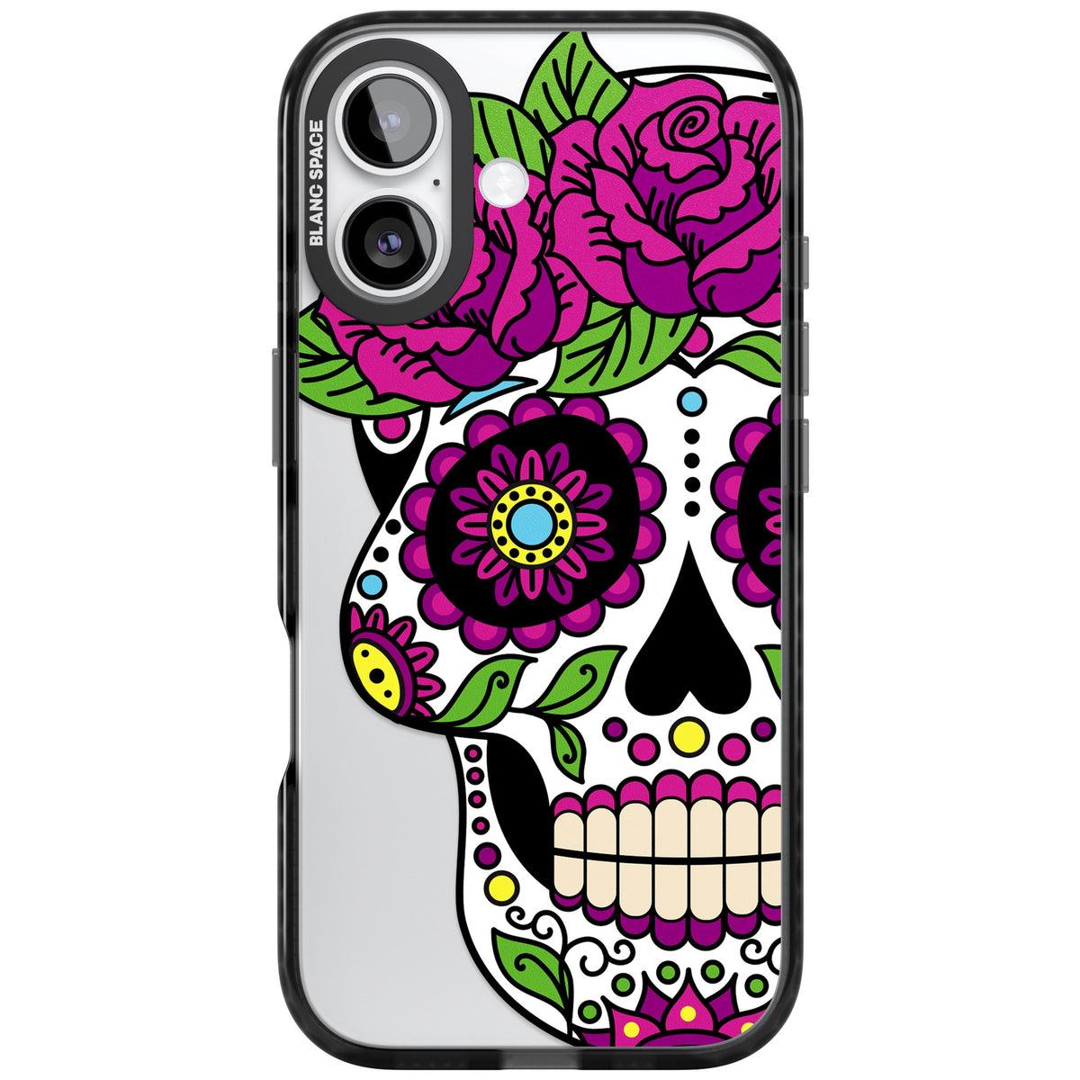 Purple Floral Sugar Skull iPhone 16 / iPhone 16 Plus / iPhone 17 Impact Black Phone Case front
