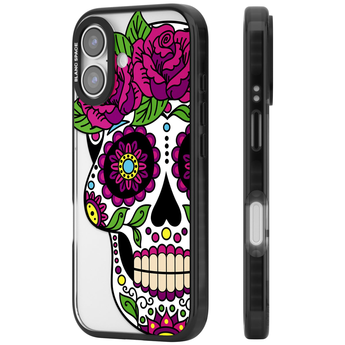 Purple Floral Sugar Skull iPhone 16 / iPhone 16 Plus / iPhone 17 Impact Black Phone Case side