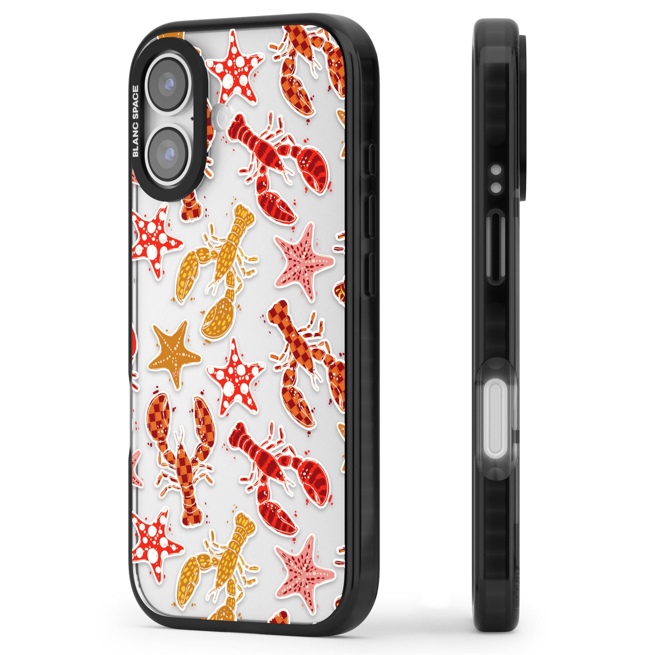 Lobster & Starfish Coastal Pattern iPhone 17 Impact Black Phone Case Side Profile