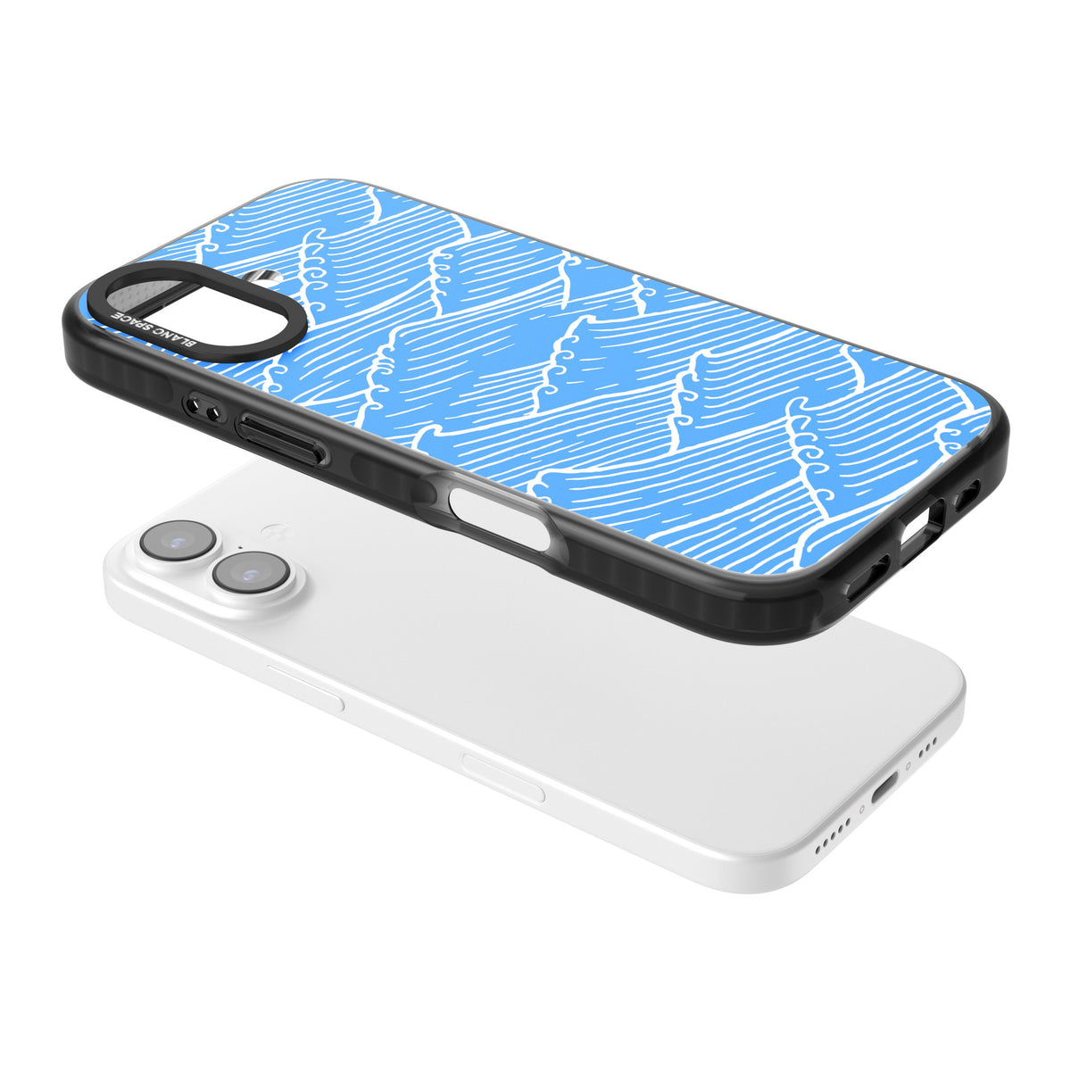 Tidal Lines iPhone 16 / iPhone 16 Plus / iPhone 17 Impact Black Phone Case angled