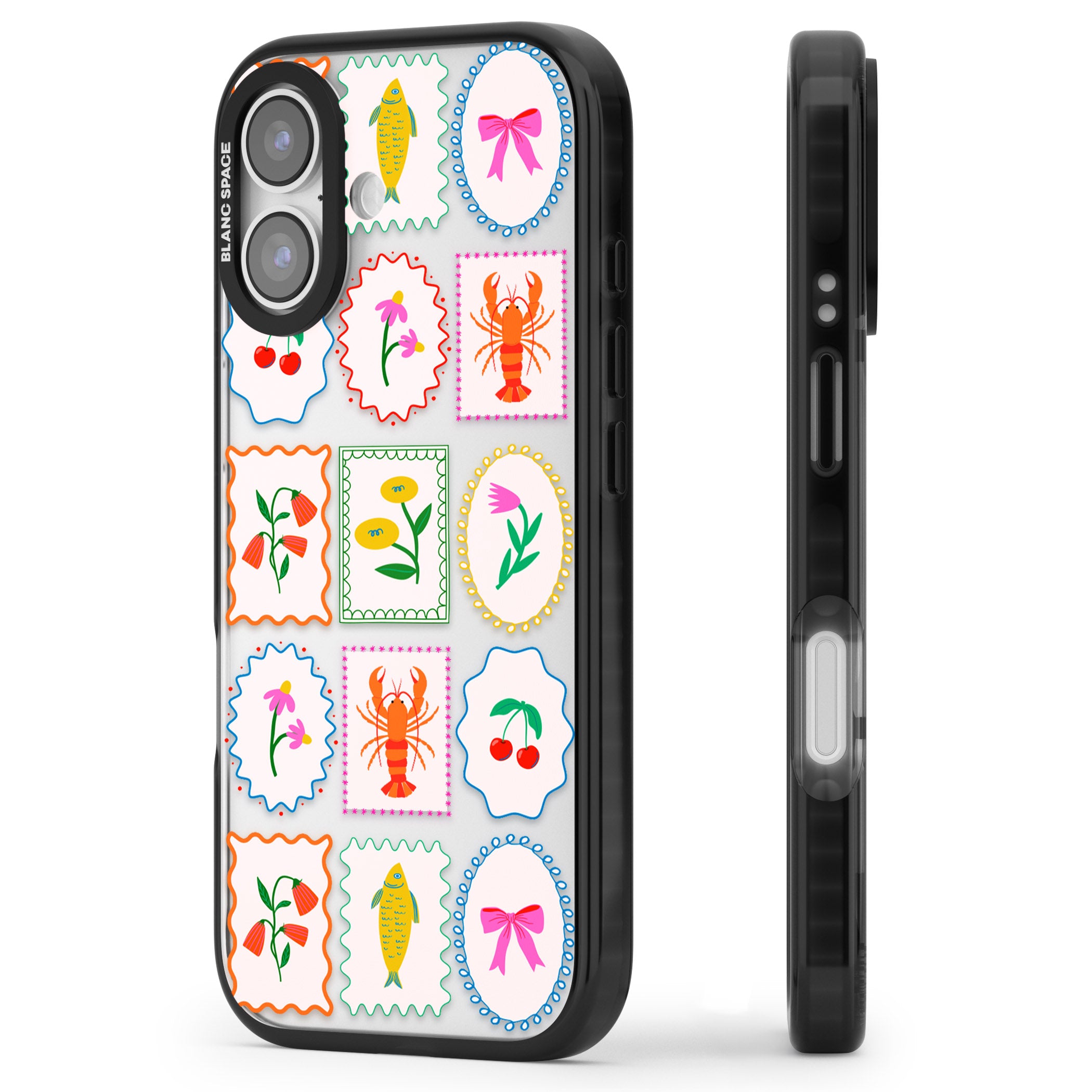 Floral Seafood Stamps iPhone 17 Impact Black Phone Case Side Profile