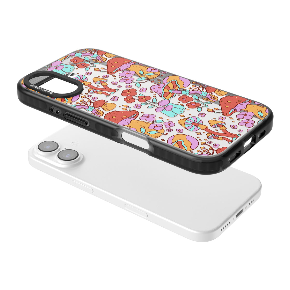 Psychedelic Flora iPhone 16 / iPhone 16 Plus / iPhone 17 Impact Black Phone Case angled