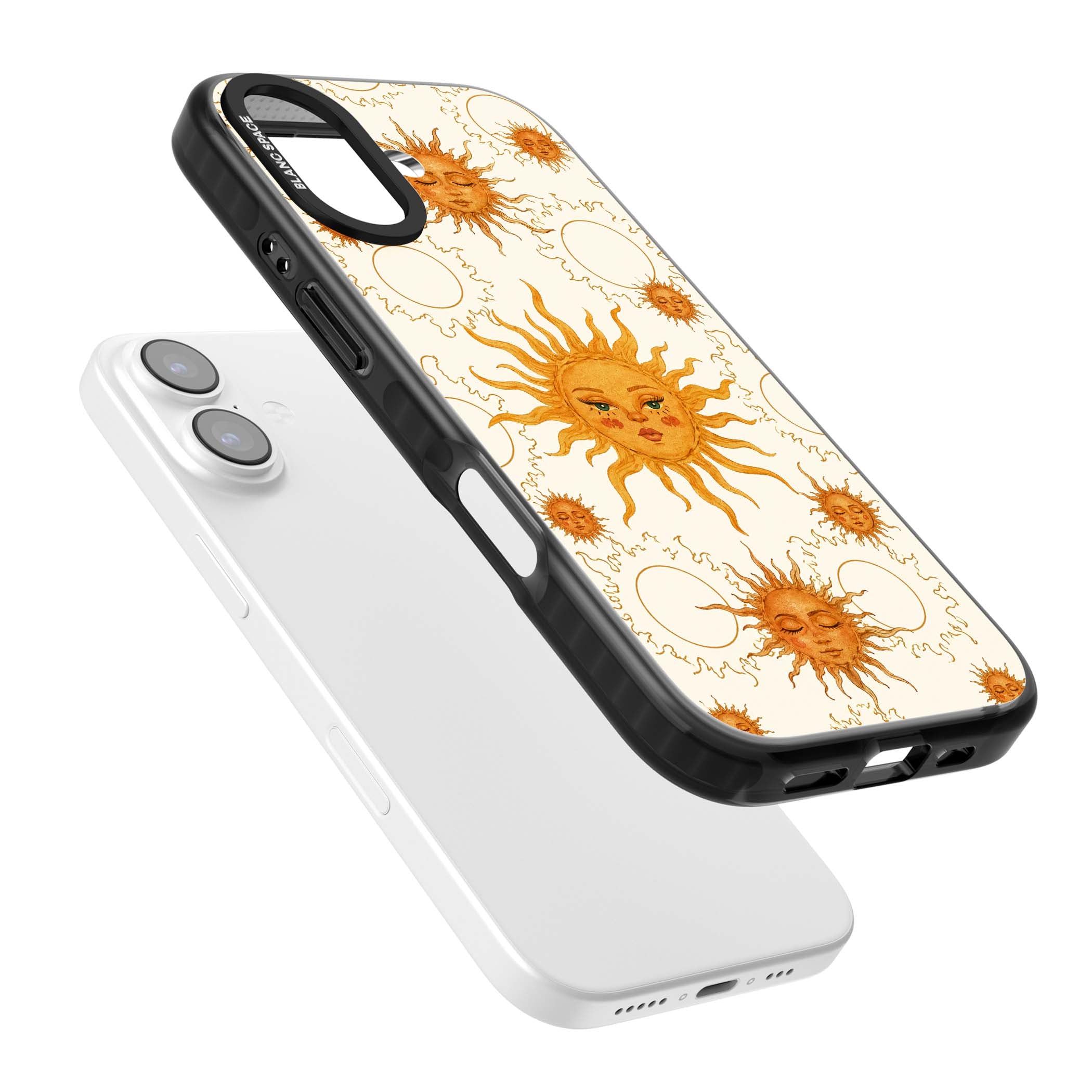 Solstice Muse celestial iPhone case featuring hand-painted golden sun faces, closed-eye sun goddesses and outlined moons... | Clear Impact case for iPhone 17