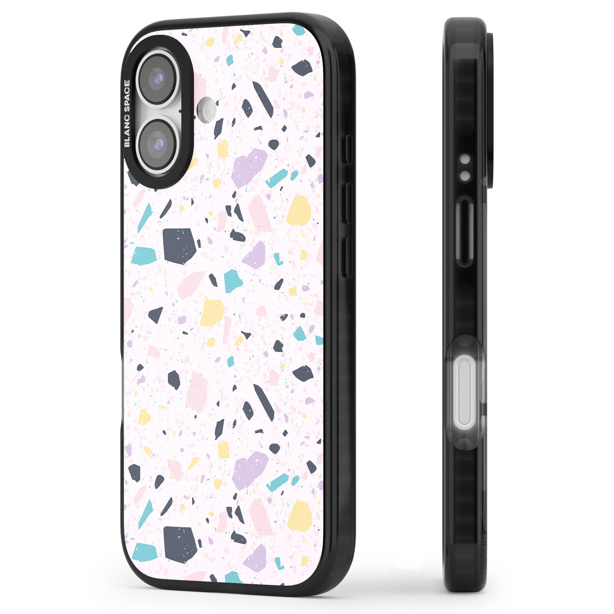 Pink, Purple & Turquoise Terrazzo Pattern iPhone 17 Impact Black Phone Case Side Profile