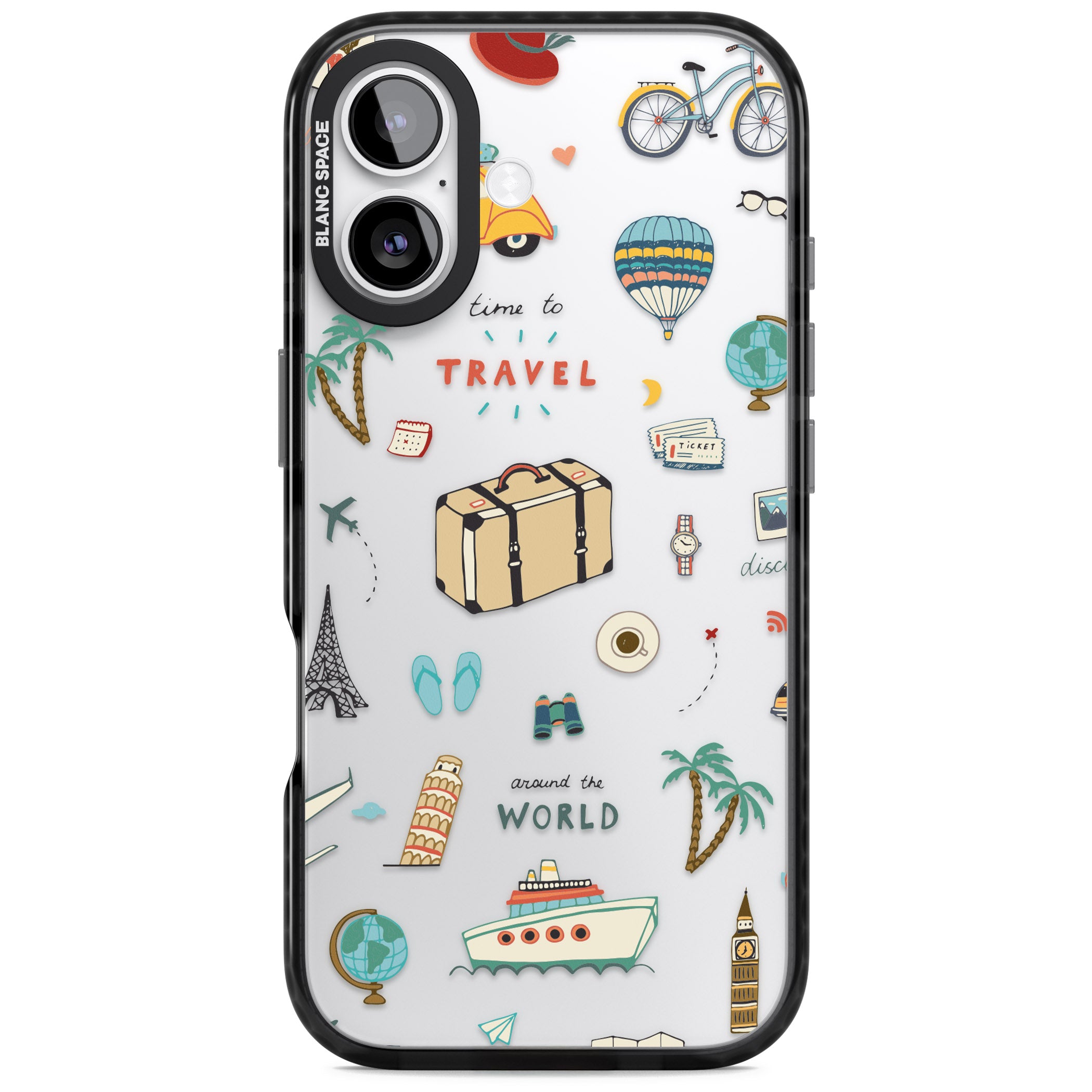 Cute Travel Pattern Transparent iPhone 17 Impact Black Phone Case