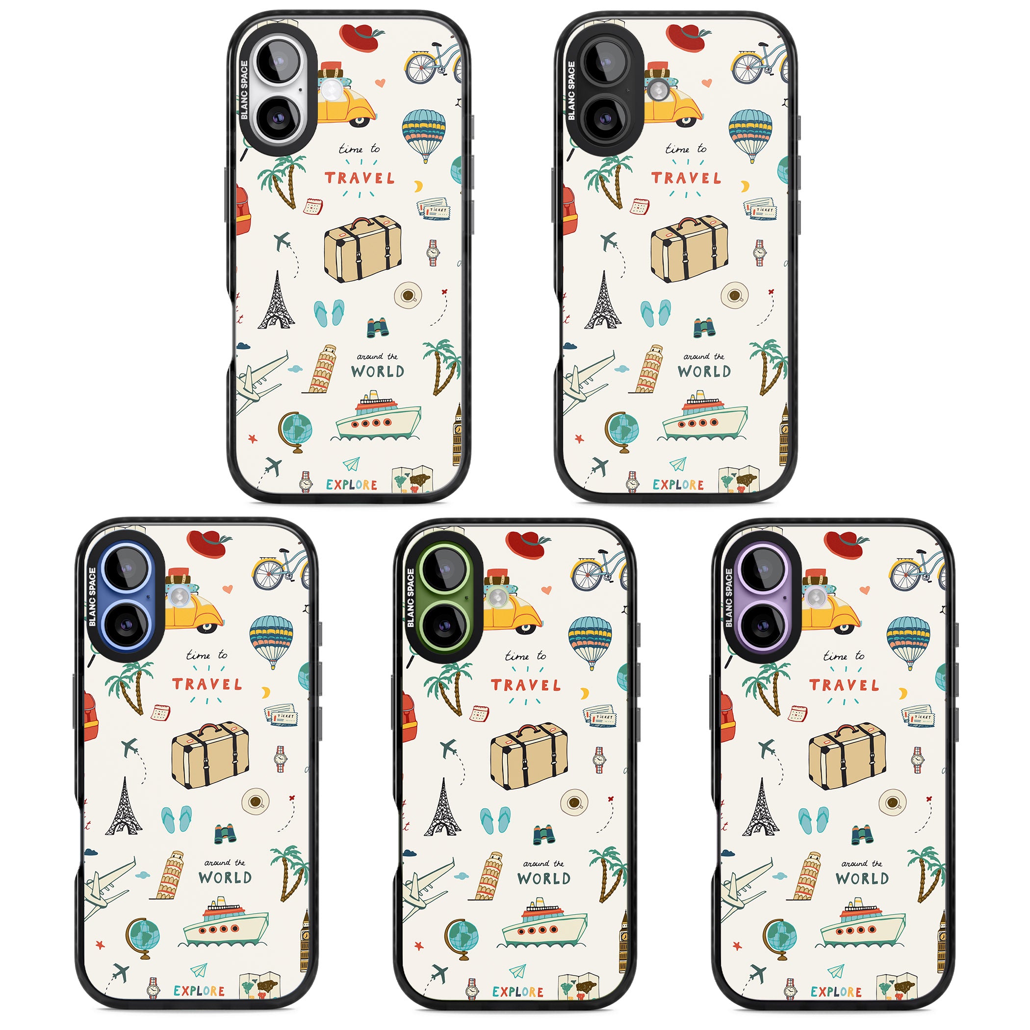 Cute Travel Pattern Cream iPhone 17 Impact Black Phone Case APT Impact Protection
