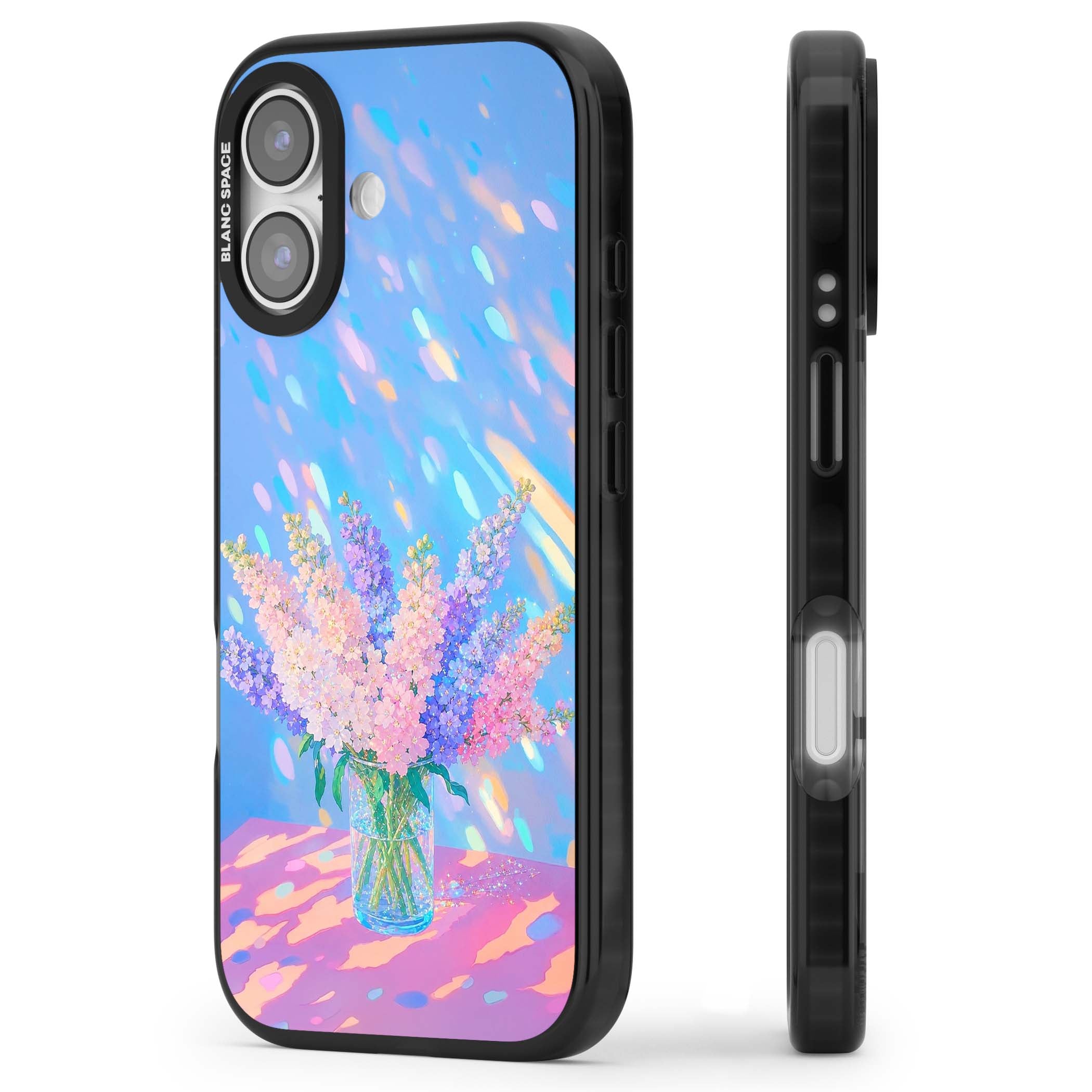 Bubblegum Flowers floral iPhone case featuring pastel lilac and pink bouquet in a glass vase with iridescent light | Clear Impact case for iPhone 17