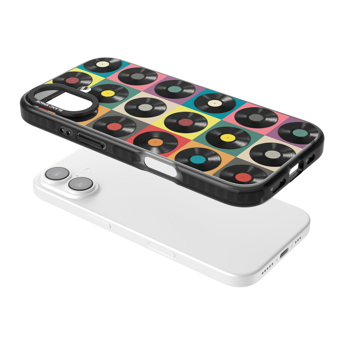 Vinyl Records iPhone 16 / iPhone 16 Plus / iPhone 17 Impact Black Phone Case angled