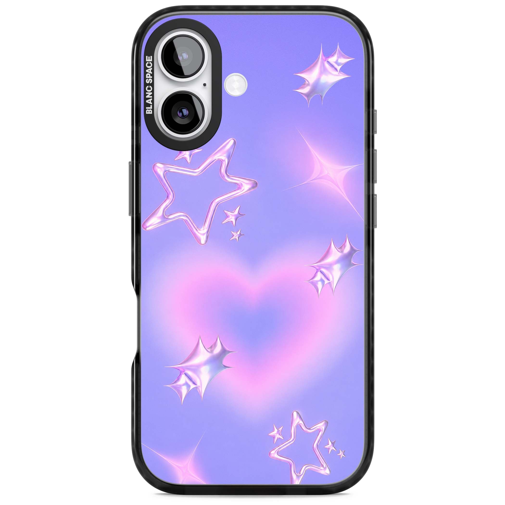 Soft Sugar Y2K iPhone case featuring iridescent chrome hearts, metallic pink stars and a lavender gradient sky | Clear Impact case for iPhone 17