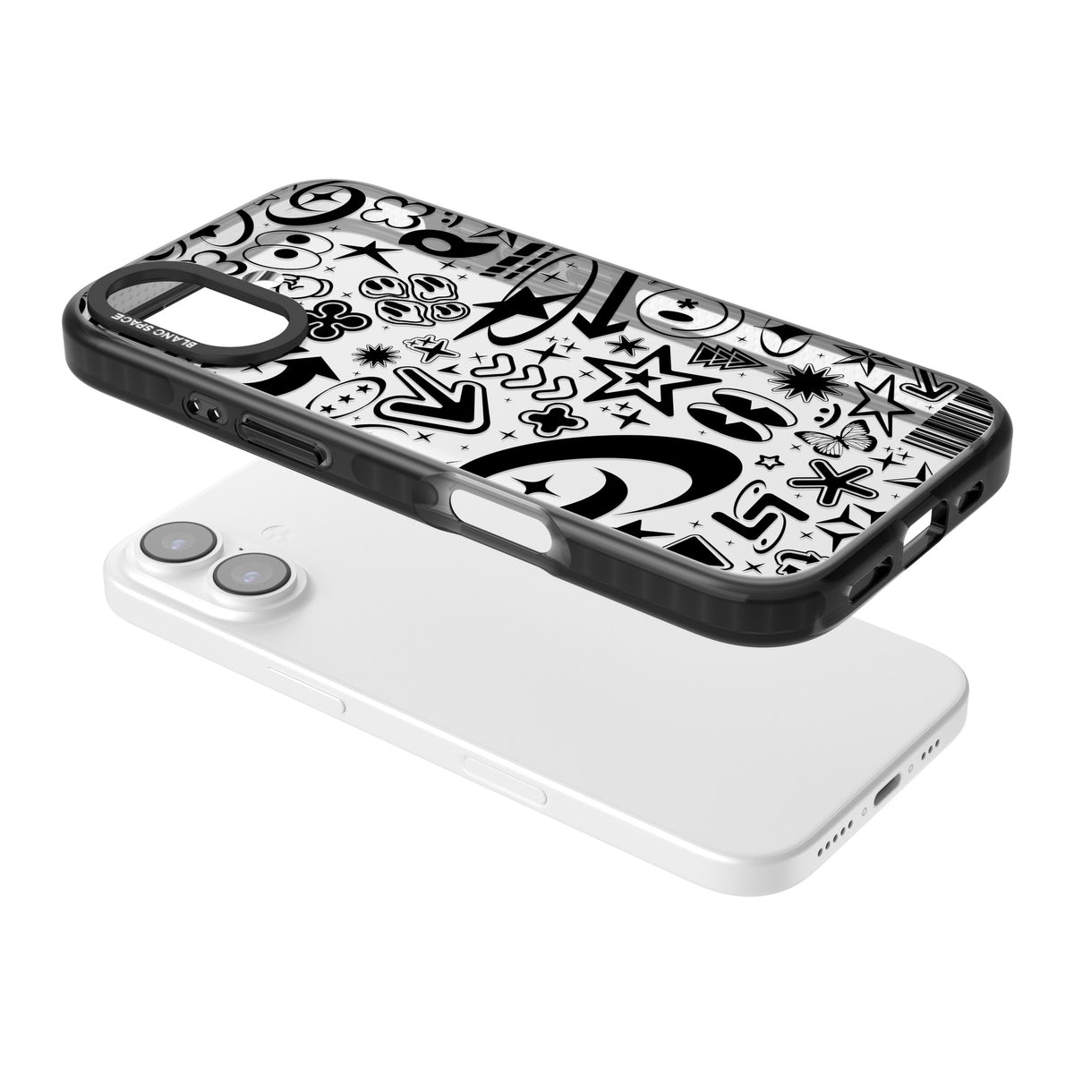 Black Y2K Pattern iPhone 16 / iPhone 16 Plus / iPhone 17 Impact Black Phone Case angled