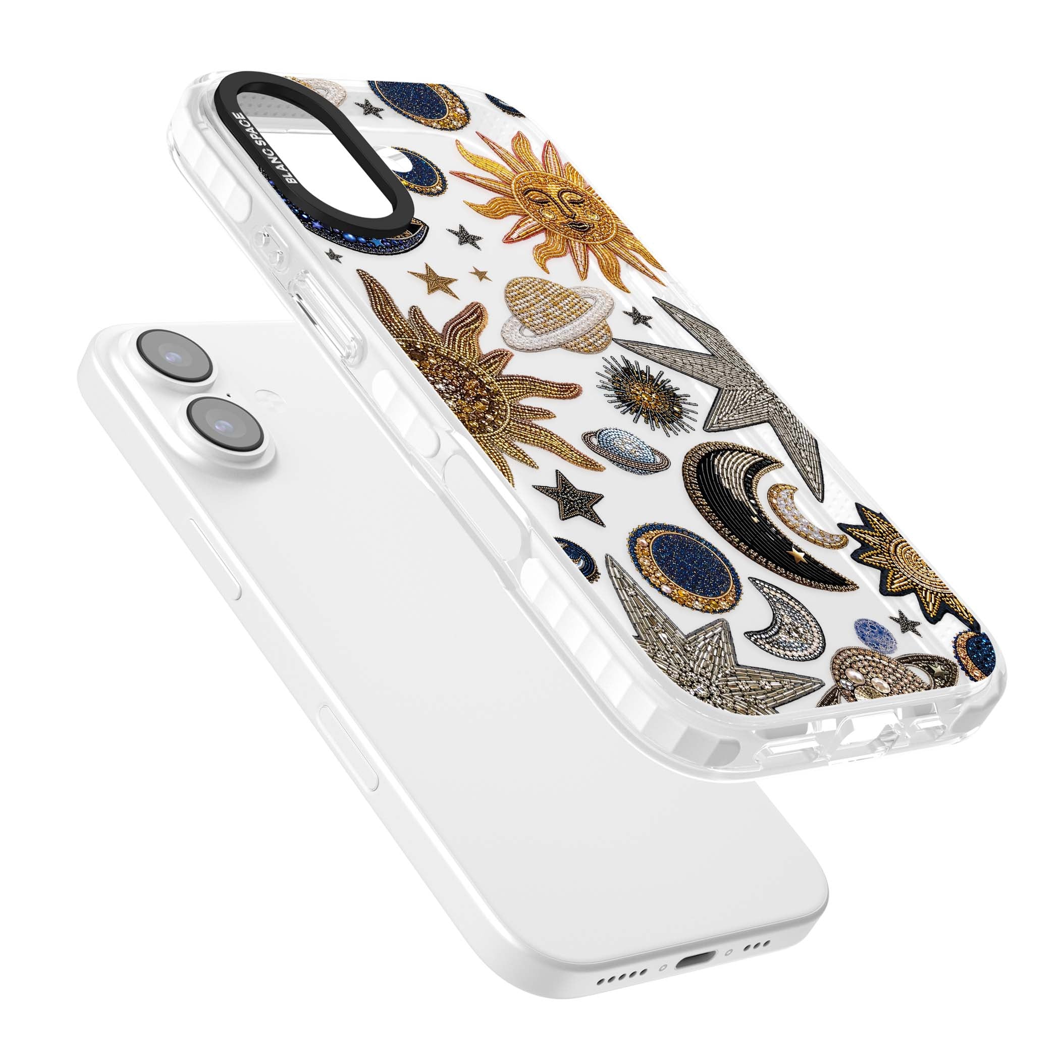 Beaded Cosmos celestial iPhone case featuring embroidered golden suns, beaded planets and silver shooting stars | Black Impact case for iPhone 17