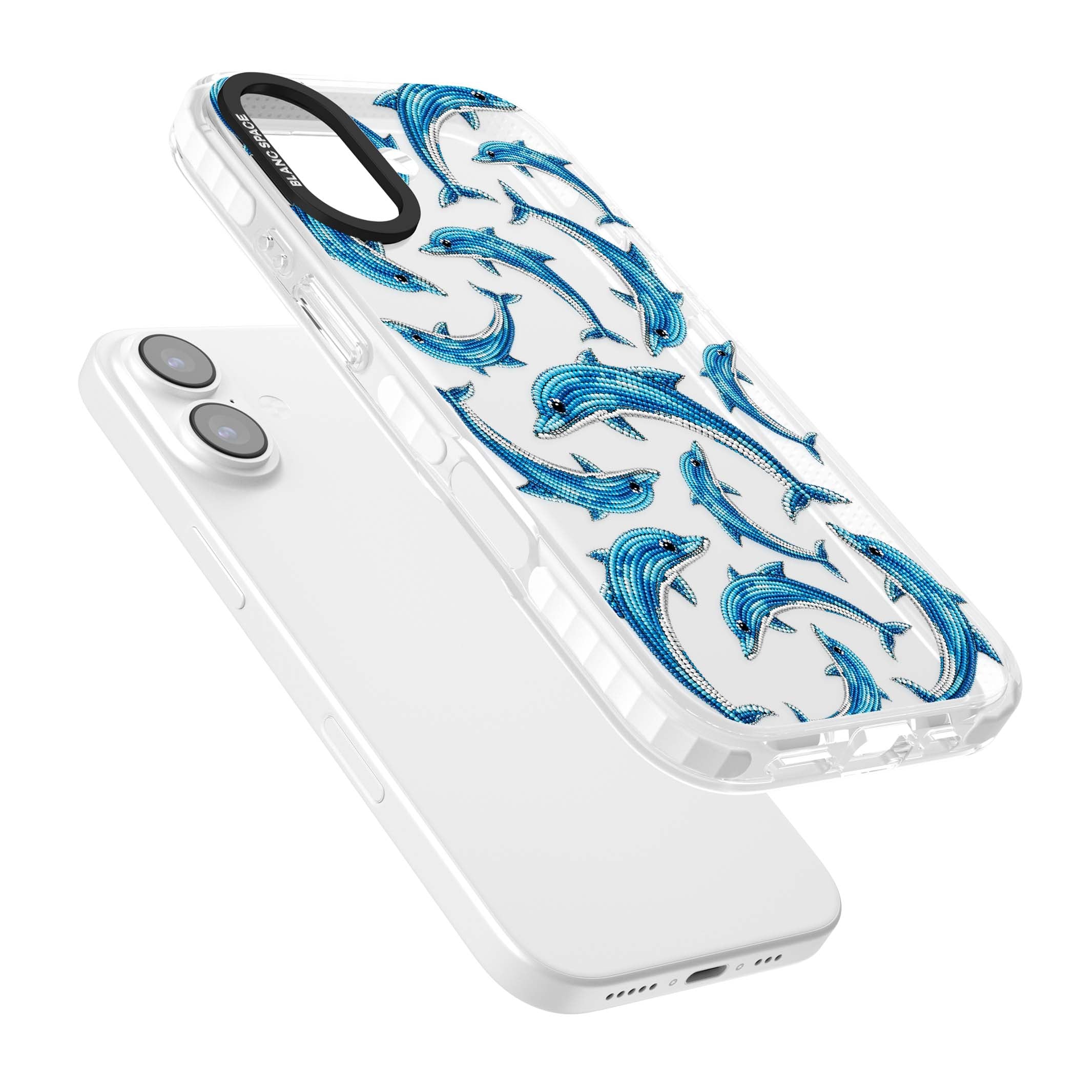 Beaded Dolphins coastal iPhone case featuring beaded dolphins in blue and white swimming across a clear background | Black Impact case for iPhone 17