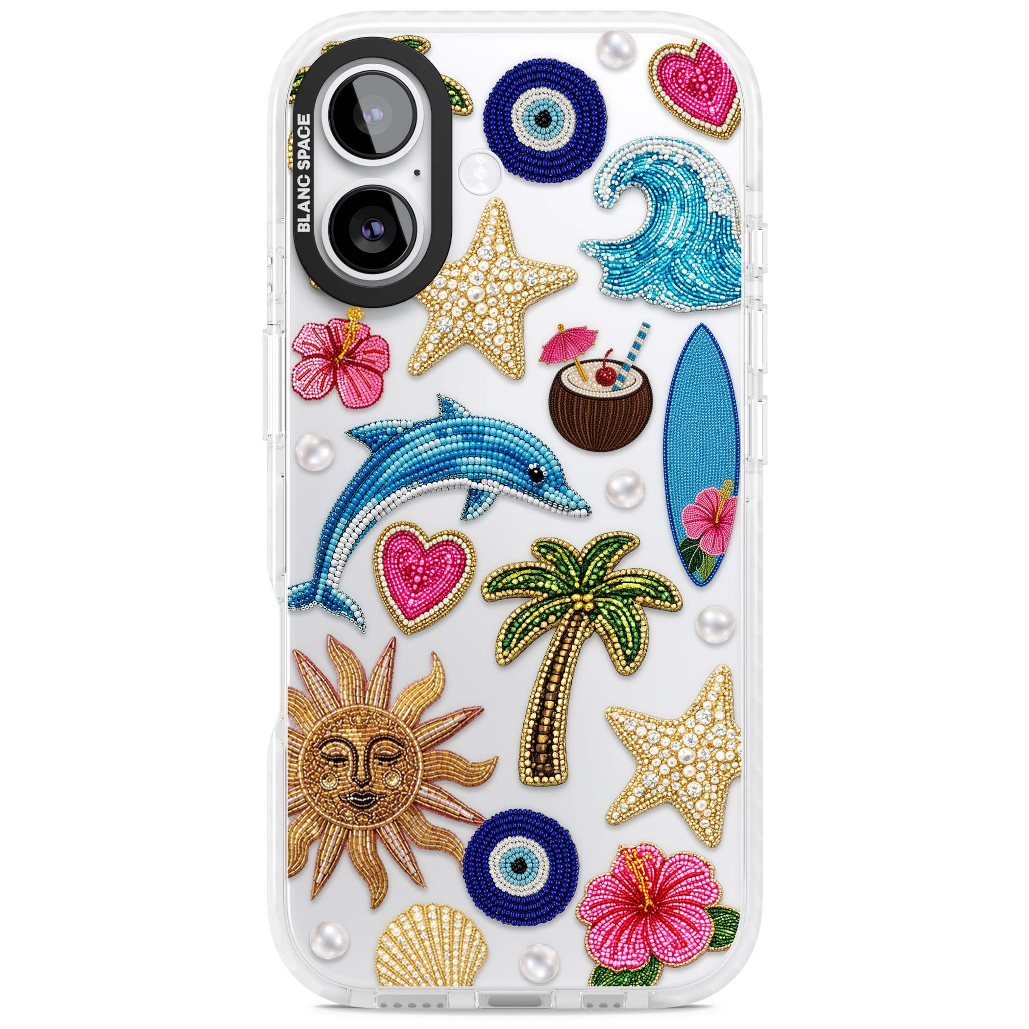 Beaded Beach coastal summer iPhone case featuring embroidered evil eye, hibiscus flowers, dolphin and palm tree patches | Black Impact case for iPhone 17