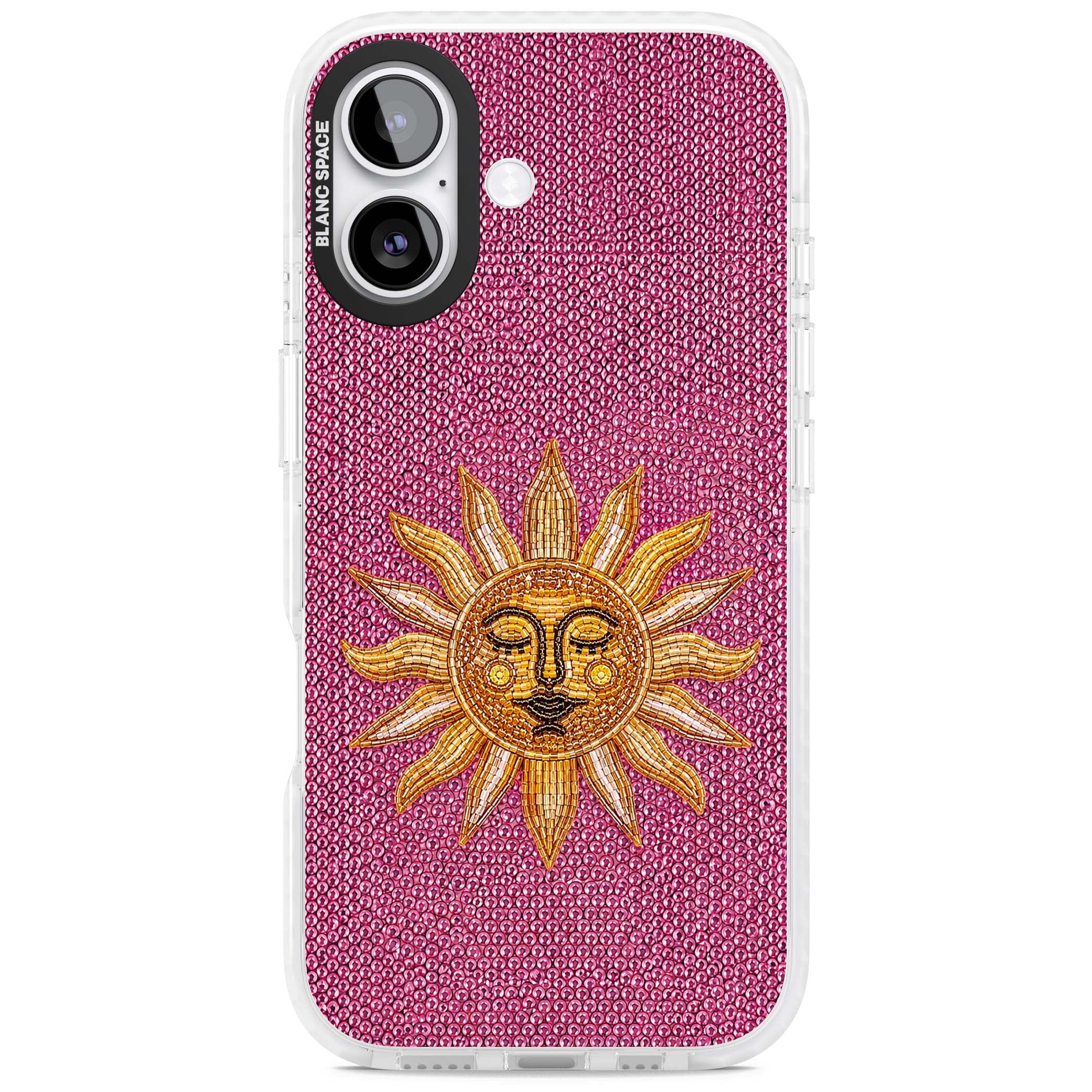 Beaded Sun celestial iPhone case featuring a golden beaded sun face with radiant rays on hot pink beaded background | Black Impact case for iPhone 17