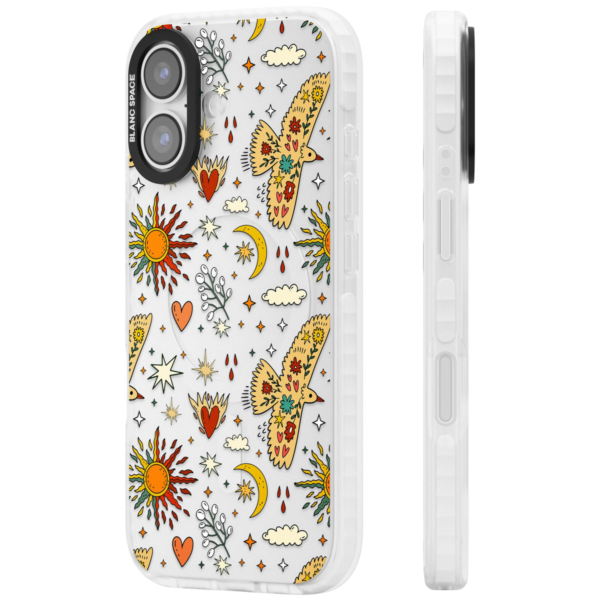 Boho Mystic Birds iPhone 16 / iPhone 16 Plus / iPhone 17 Impact Clear Phone Case side