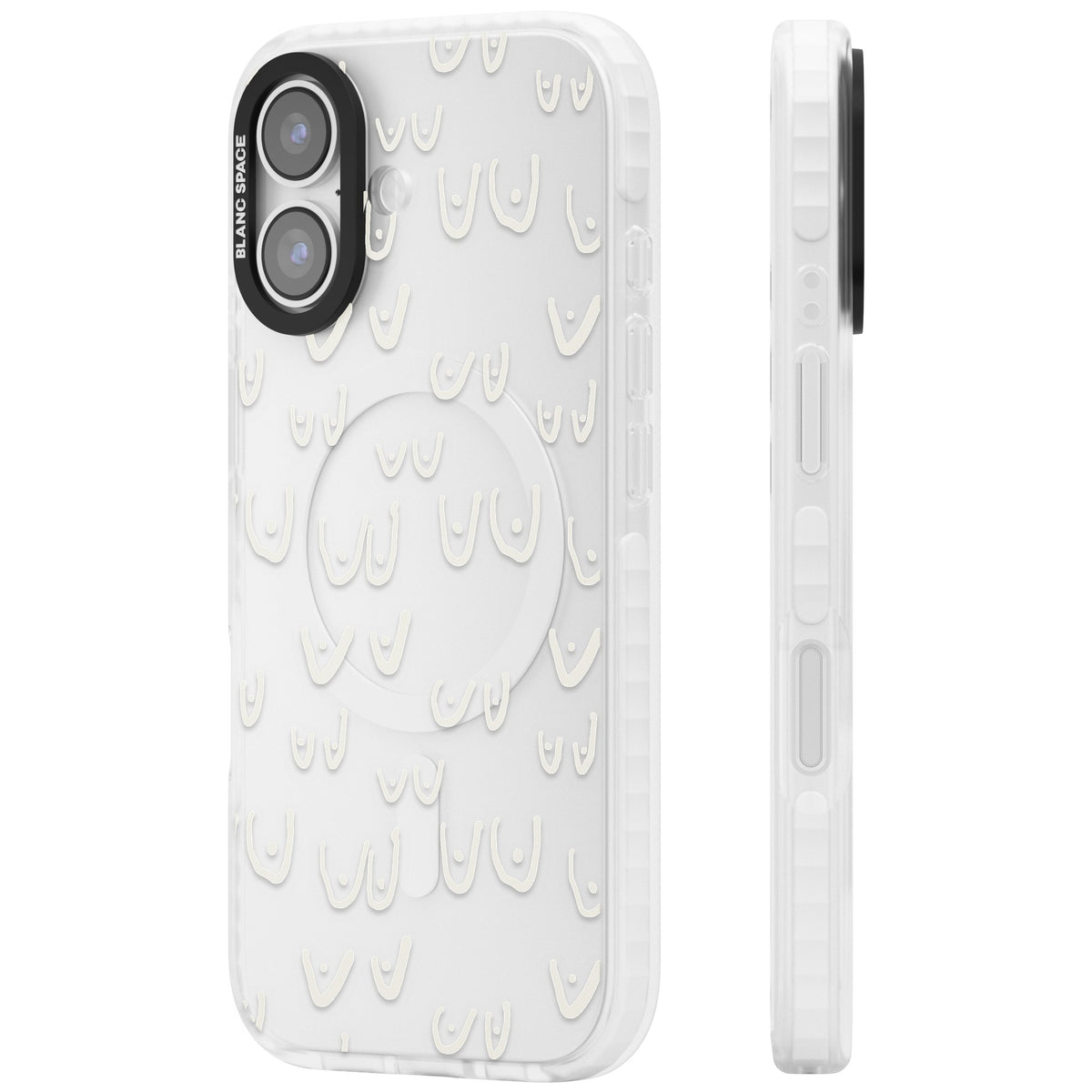 Boob Pattern (White) iPhone 16 / iPhone 16 Plus / iPhone 17 Impact Clear Phone Case side