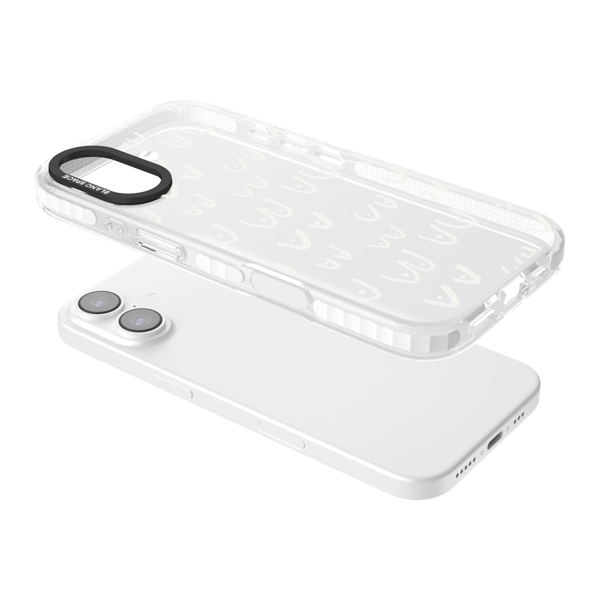 Boob Pattern (White) iPhone 16 / iPhone 16 Plus / iPhone 17 Impact Clear Phone Case angled