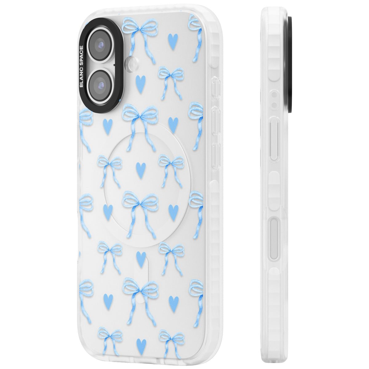 Blue Bows & Hearts iPhone 16 / iPhone 16 Plus / iPhone 17 Impact Clear Phone Case side