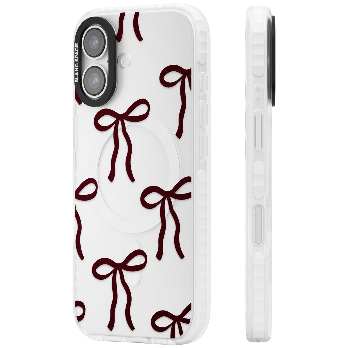 Burgundy Bows iPhone 16 / iPhone 16 Plus / iPhone 17 Impact Clear Phone Case side