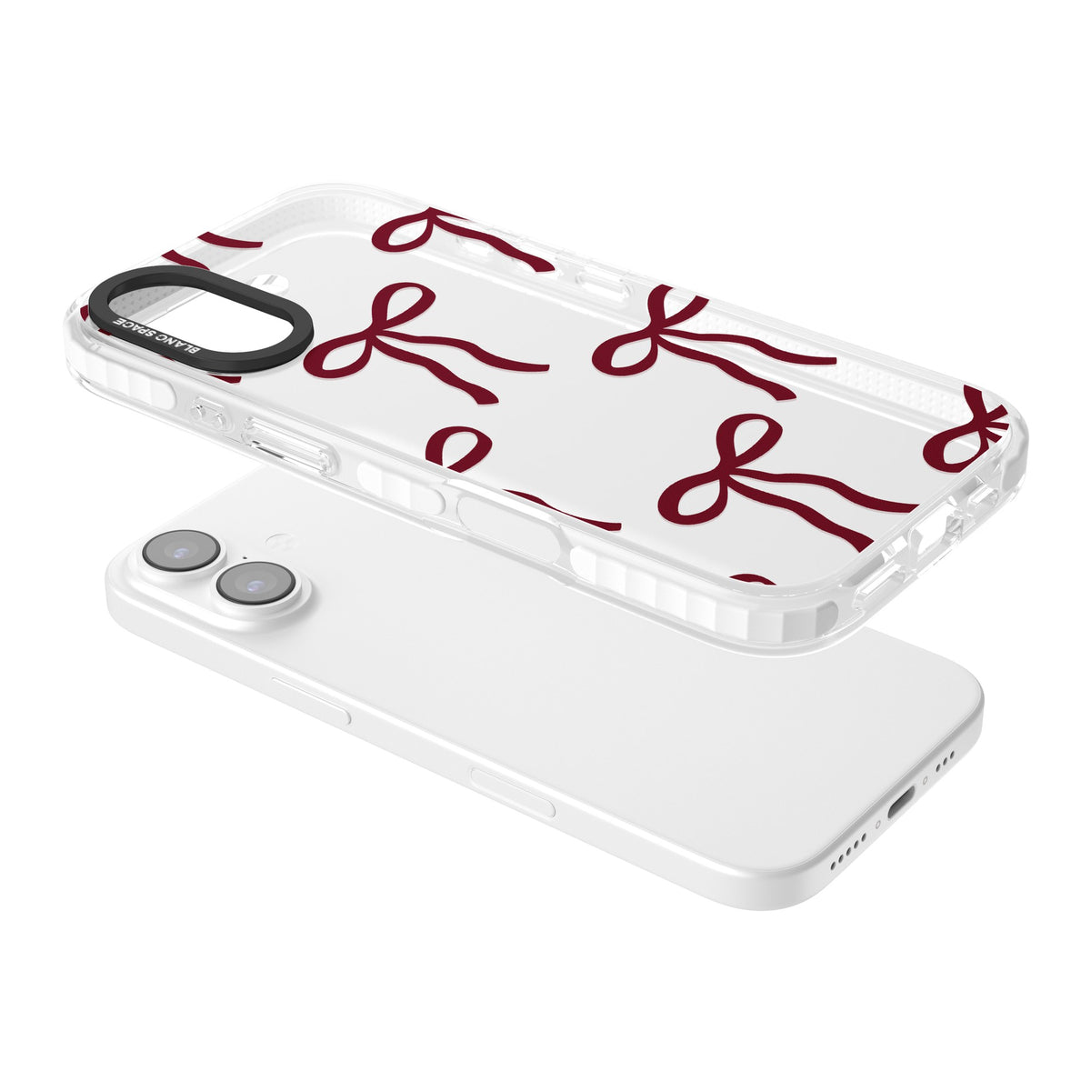 Burgundy Bows iPhone 16 / iPhone 16 Plus / iPhone 17 Impact Clear Phone Case angled