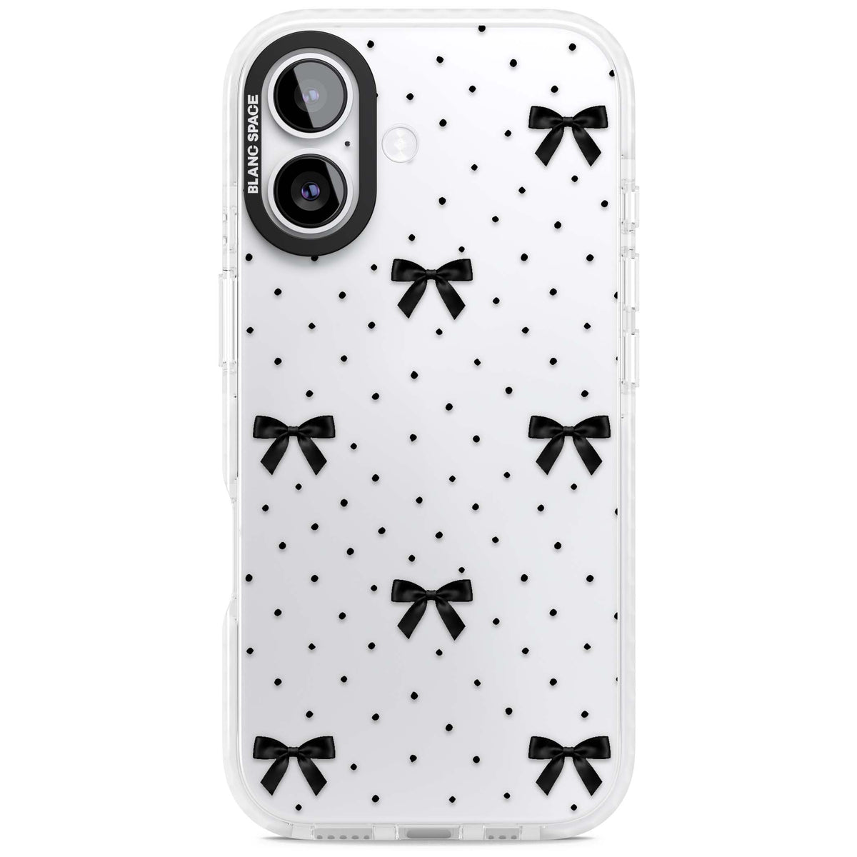 Black Polka Bows coquette iPhone case featuring scattered black satin bows and tiny polka dots on a clear base | Black Impact case for iPhone 17