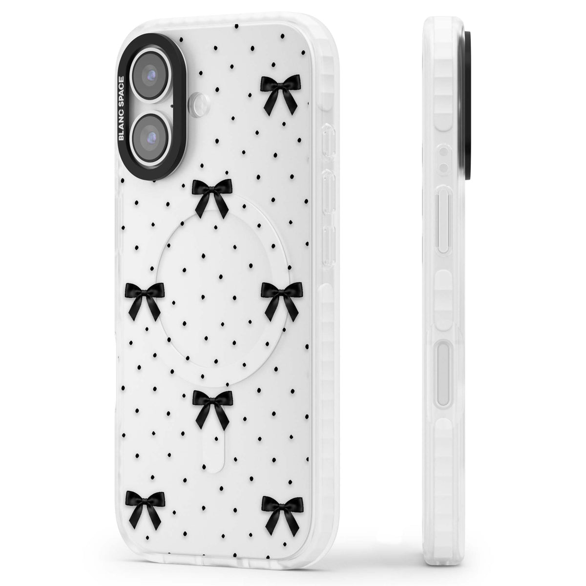 Black Polka Bows coquette iPhone case featuring scattered black satin bows and tiny polka dots on a clear base | Black Impact case for iPhone 17