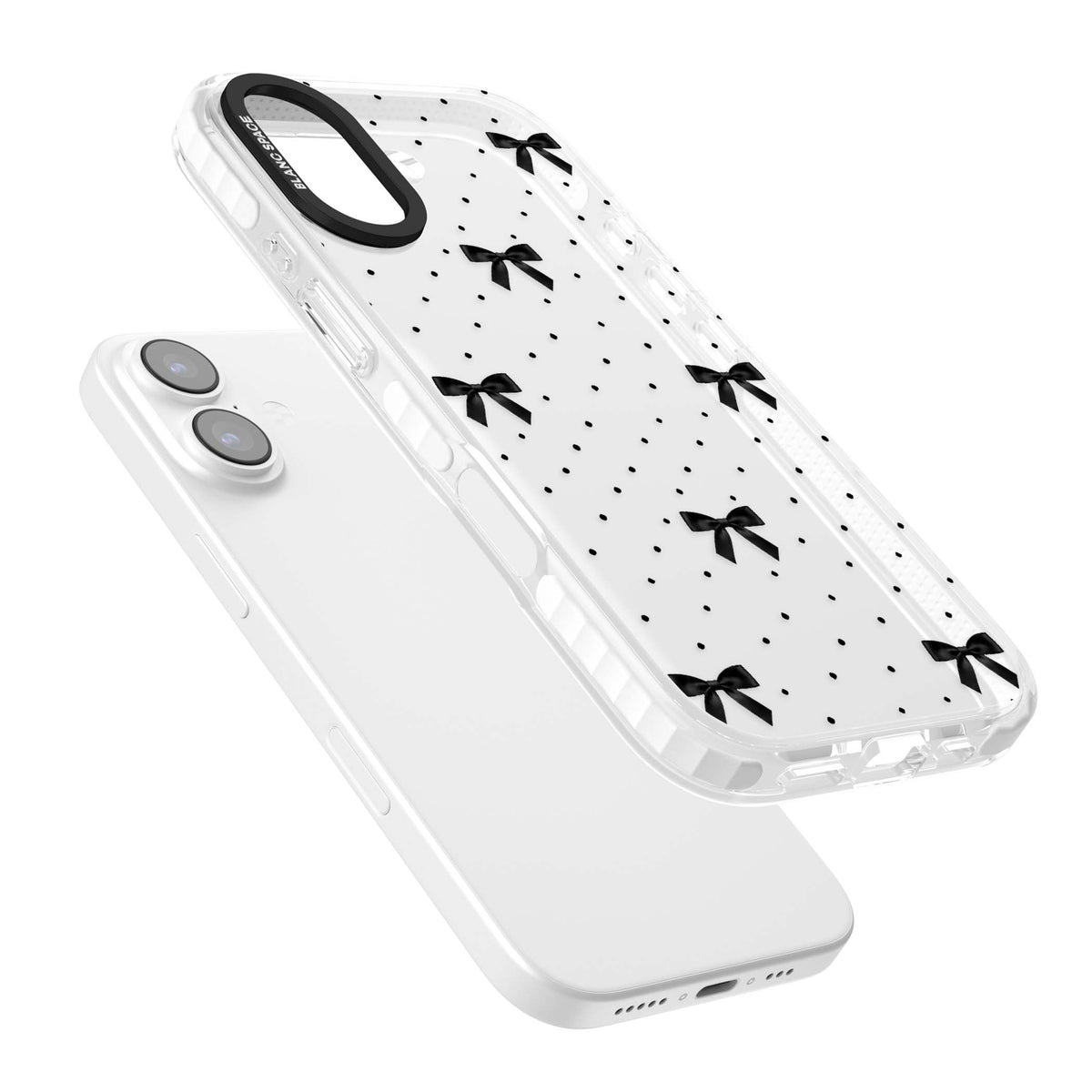 Black Polka Bows coquette iPhone case featuring scattered black satin bows and tiny polka dots on a clear base | Black Impact case for iPhone 17