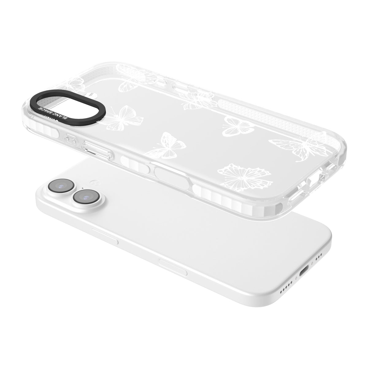 White Butterfly Line Pattern iPhone 16 / iPhone 16 Plus / iPhone 17 Impact Clear Phone Case angled