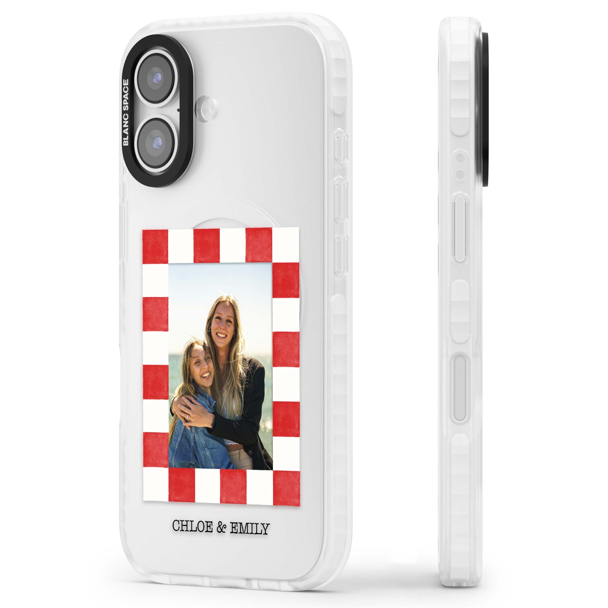 Red Check Photo personalised photo iPhone case with red and white checkered polaroid frame and custom couple name | Black Impact case for iPhone 17