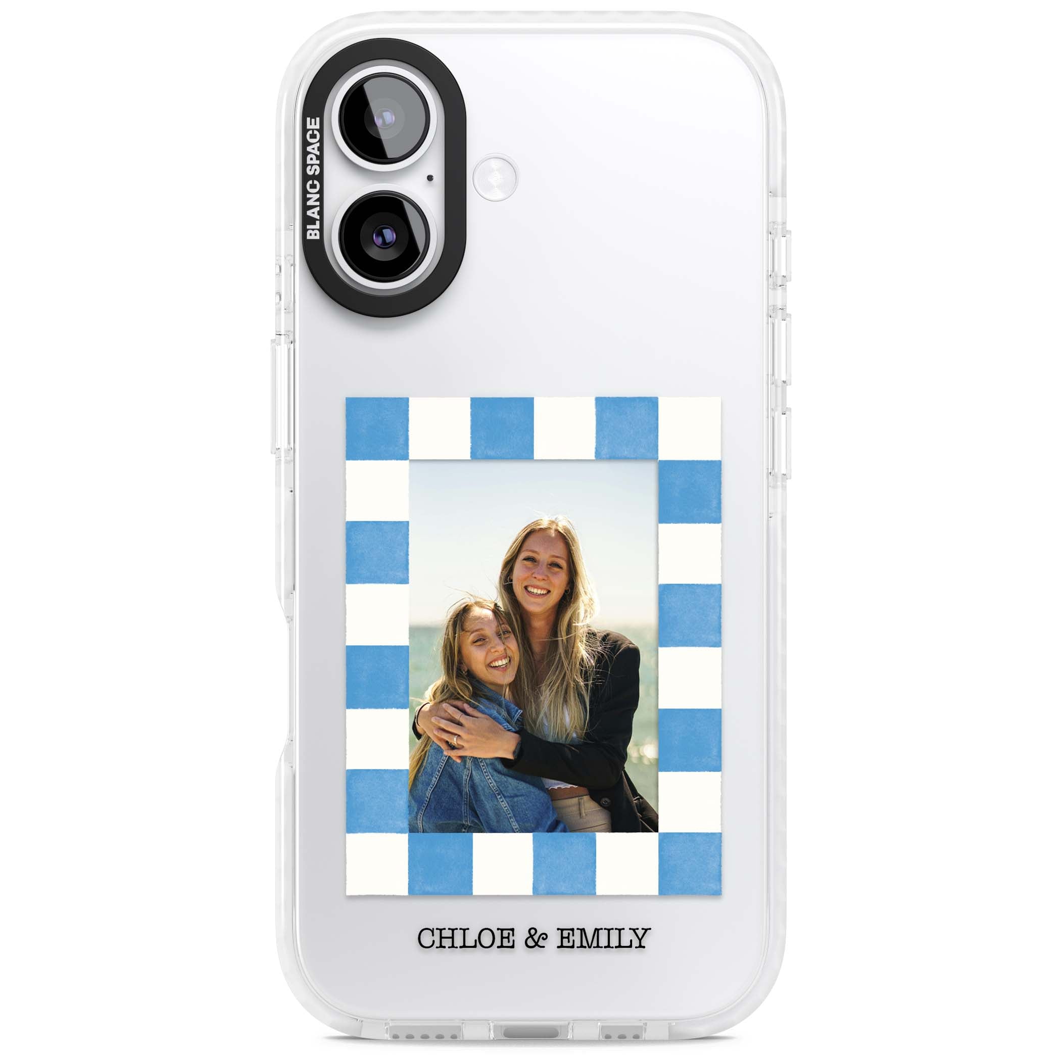 Blue Check Photo personalised photo iPhone case with blue checkered frame and custom couple names | Black Impact case for iPhone 17