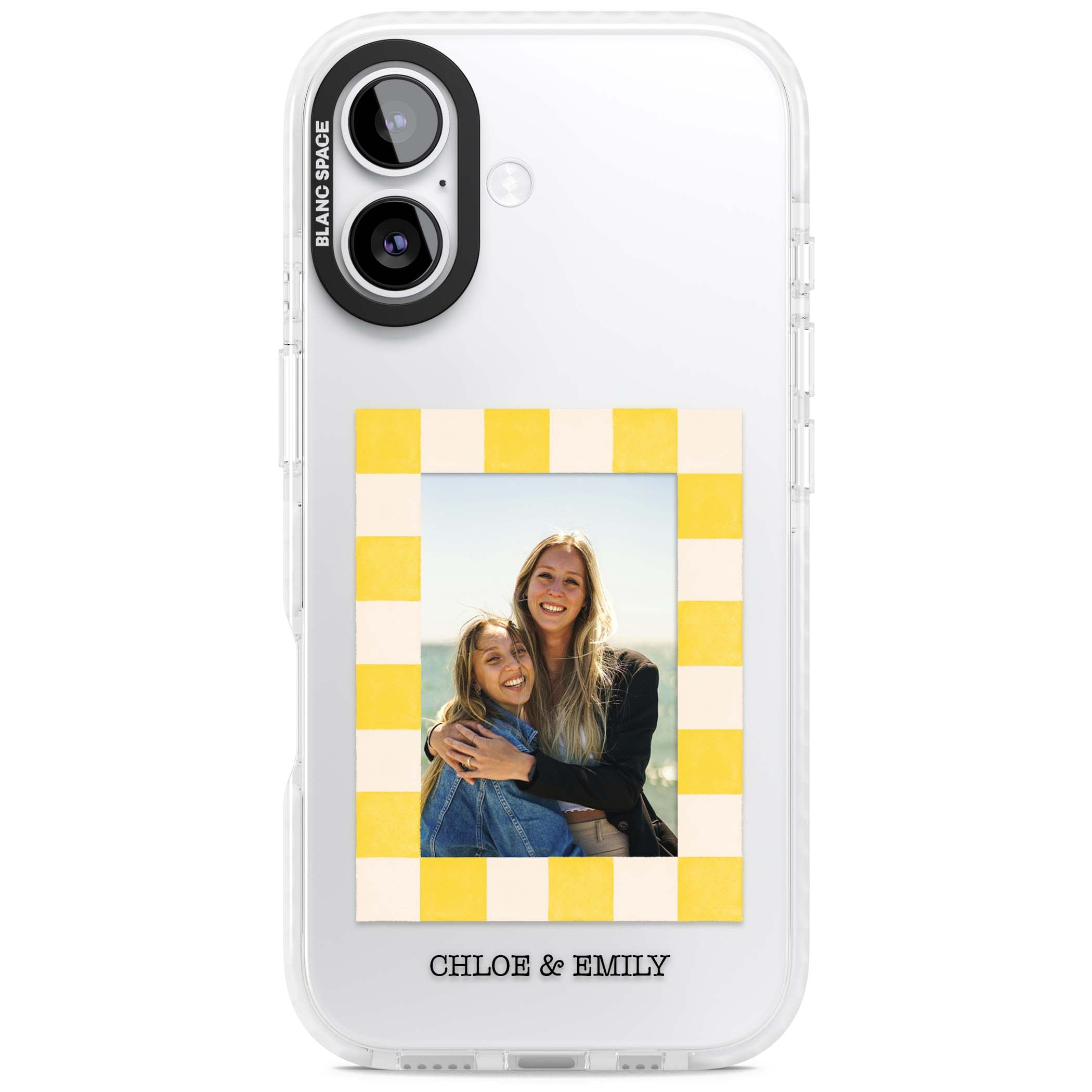Yellow Check Photo personalised iPhone case with yellow checkered Polaroid frame and custom names beneath | Black Impact case for iPhone 17