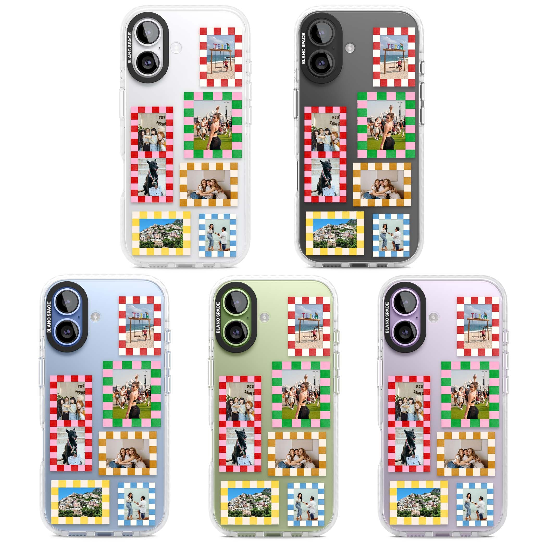 Italian Check Frames custom photo collage iPhone case featuring six checkered photo frames in red, green, pink and | Black Impact case for iPhone 17