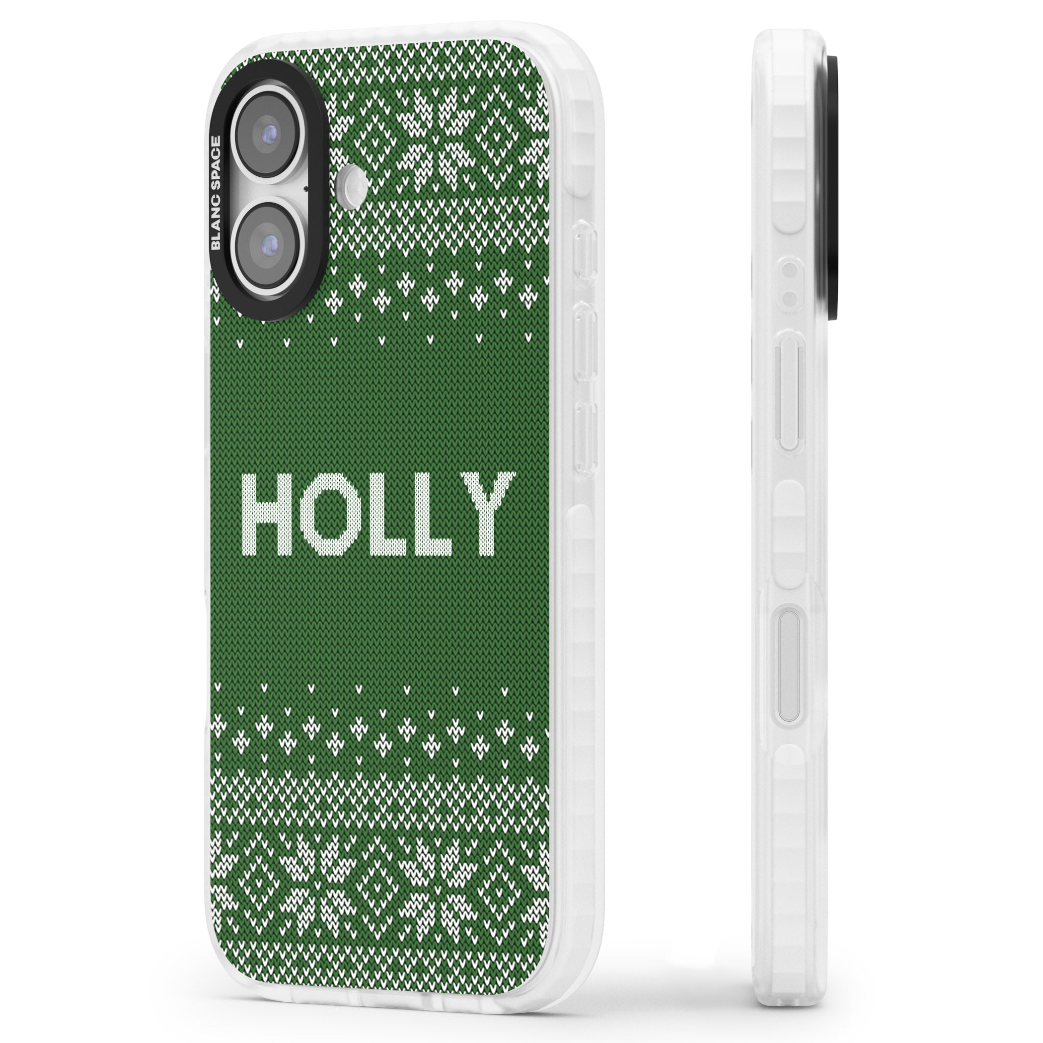 Personalised Green Christmas Knit iPhone 17 Impact Clear Phone Case Side Profile