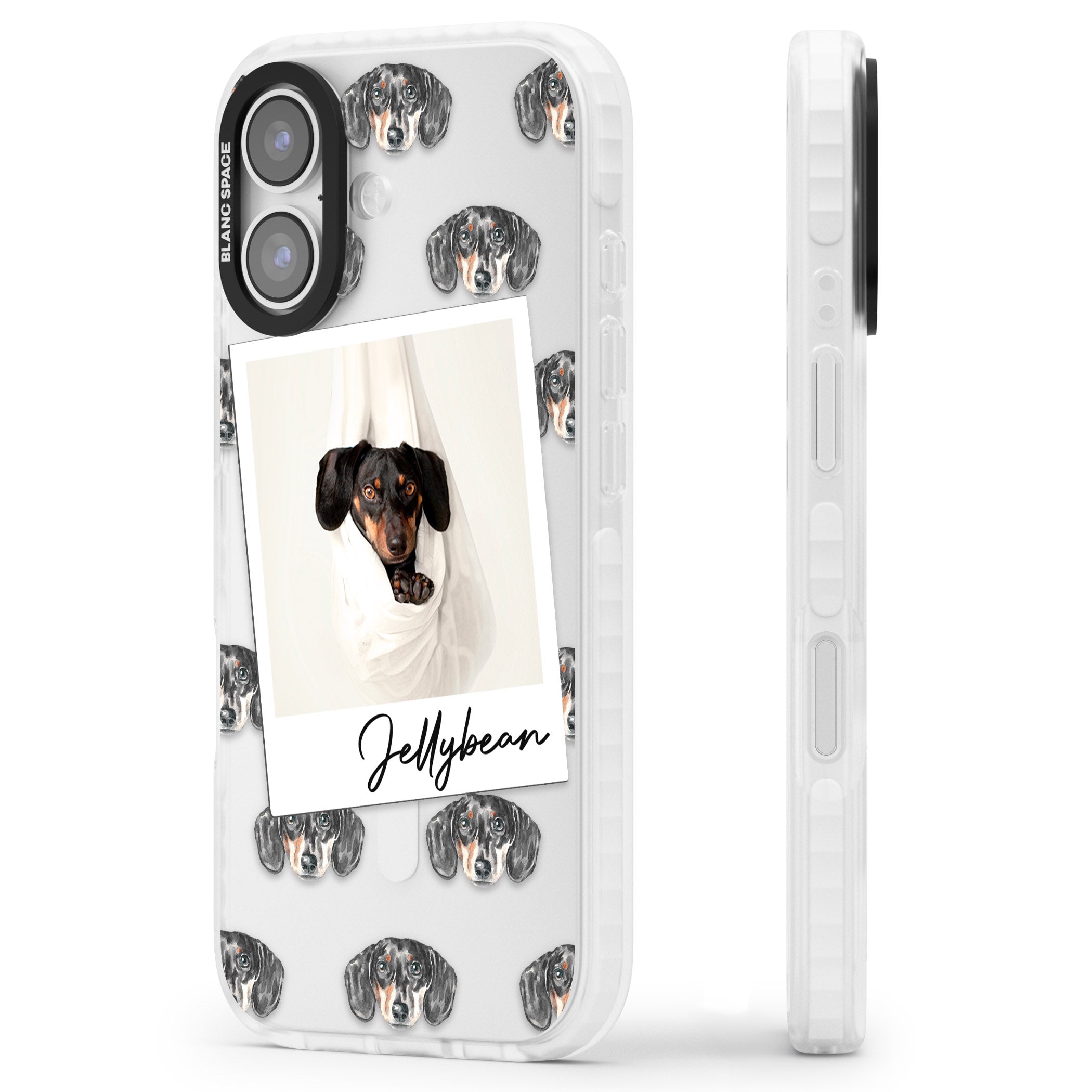 Personalised Black Dachshund Instant Camera Photo iPhone 17 Impact Clear Phone Case Side Profile