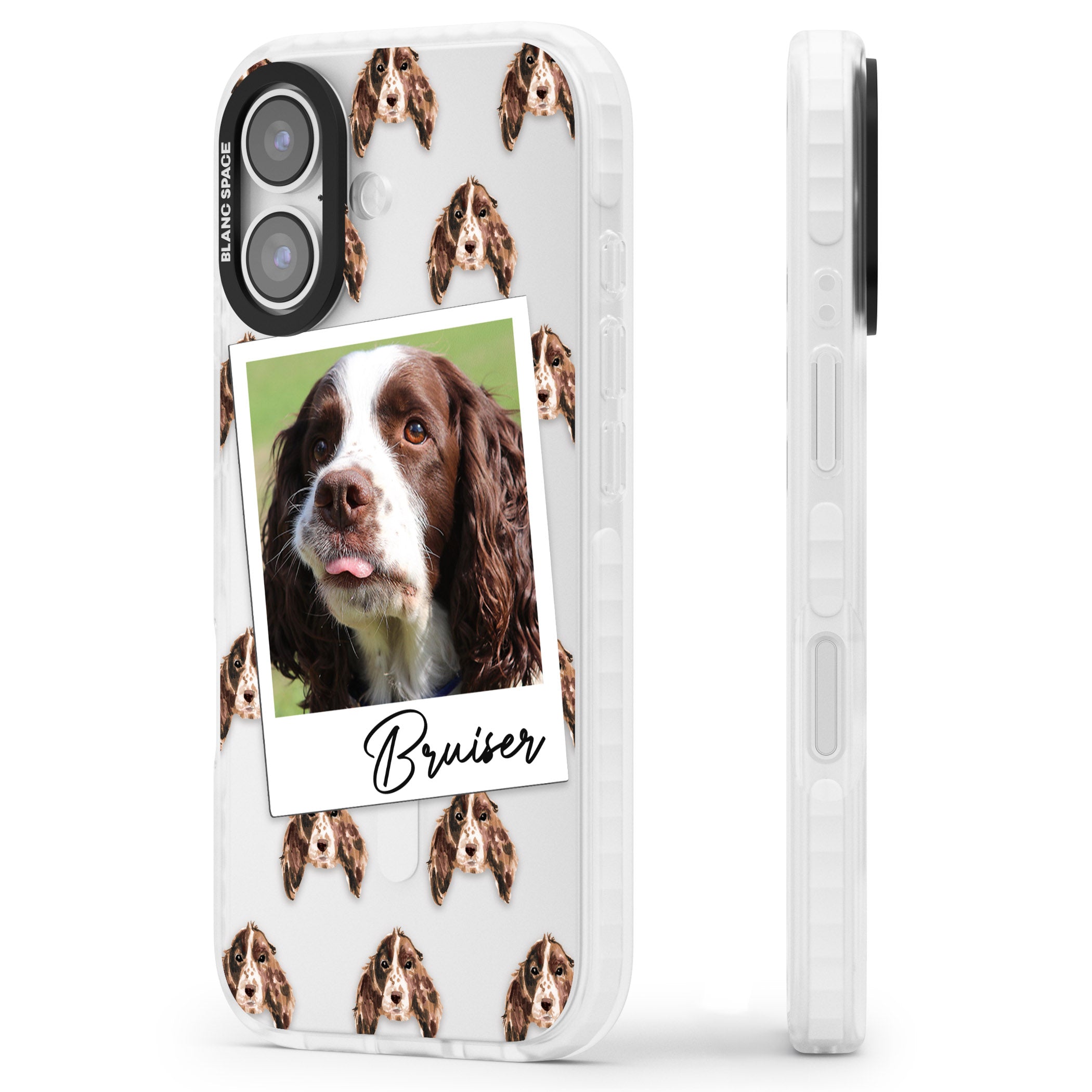 Personalised Springer Spaniel Instant Camera Photo iPhone 17 Impact Clear Phone Case Side Profile