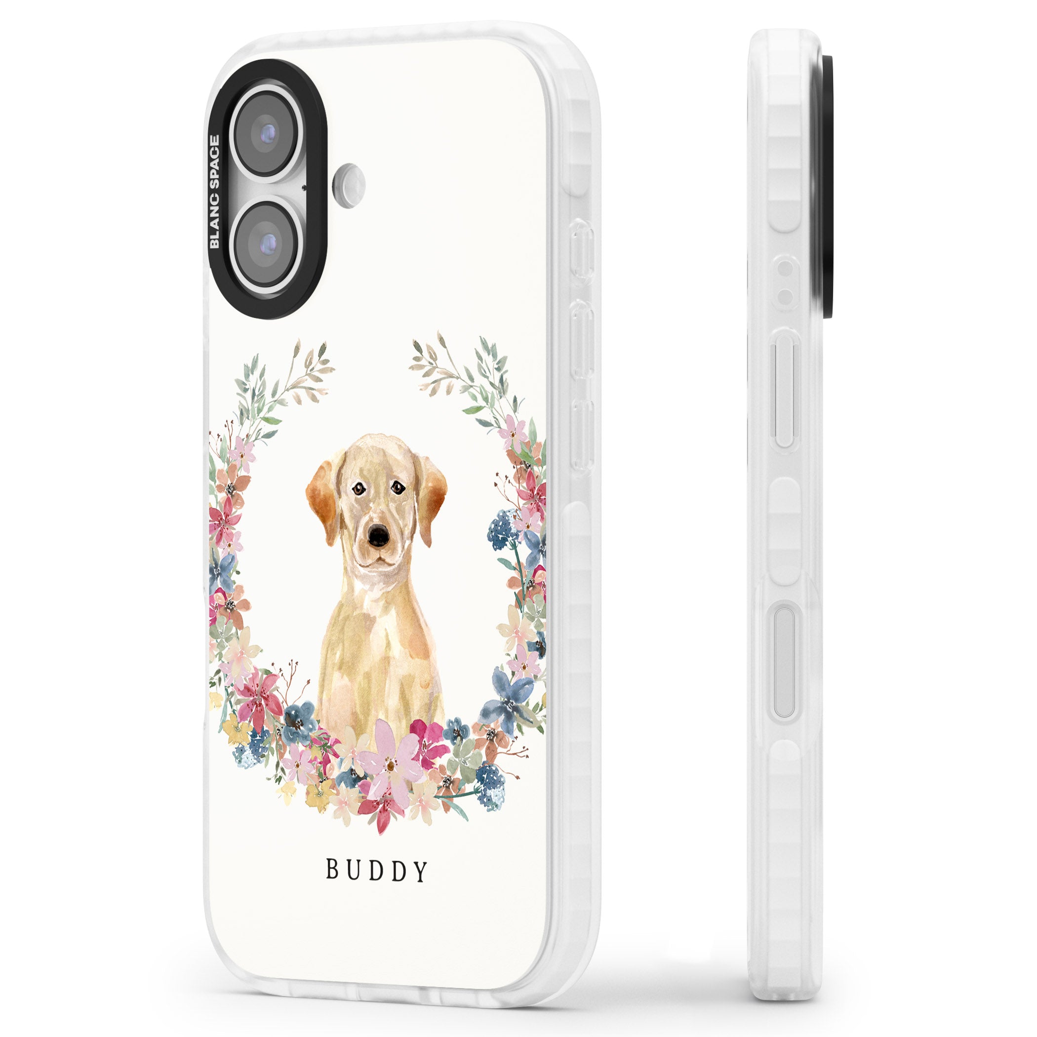 Personalised Yellow Labrador Retriever Floral Portrait iPhone 17 Impact Clear Phone Case Side Profile