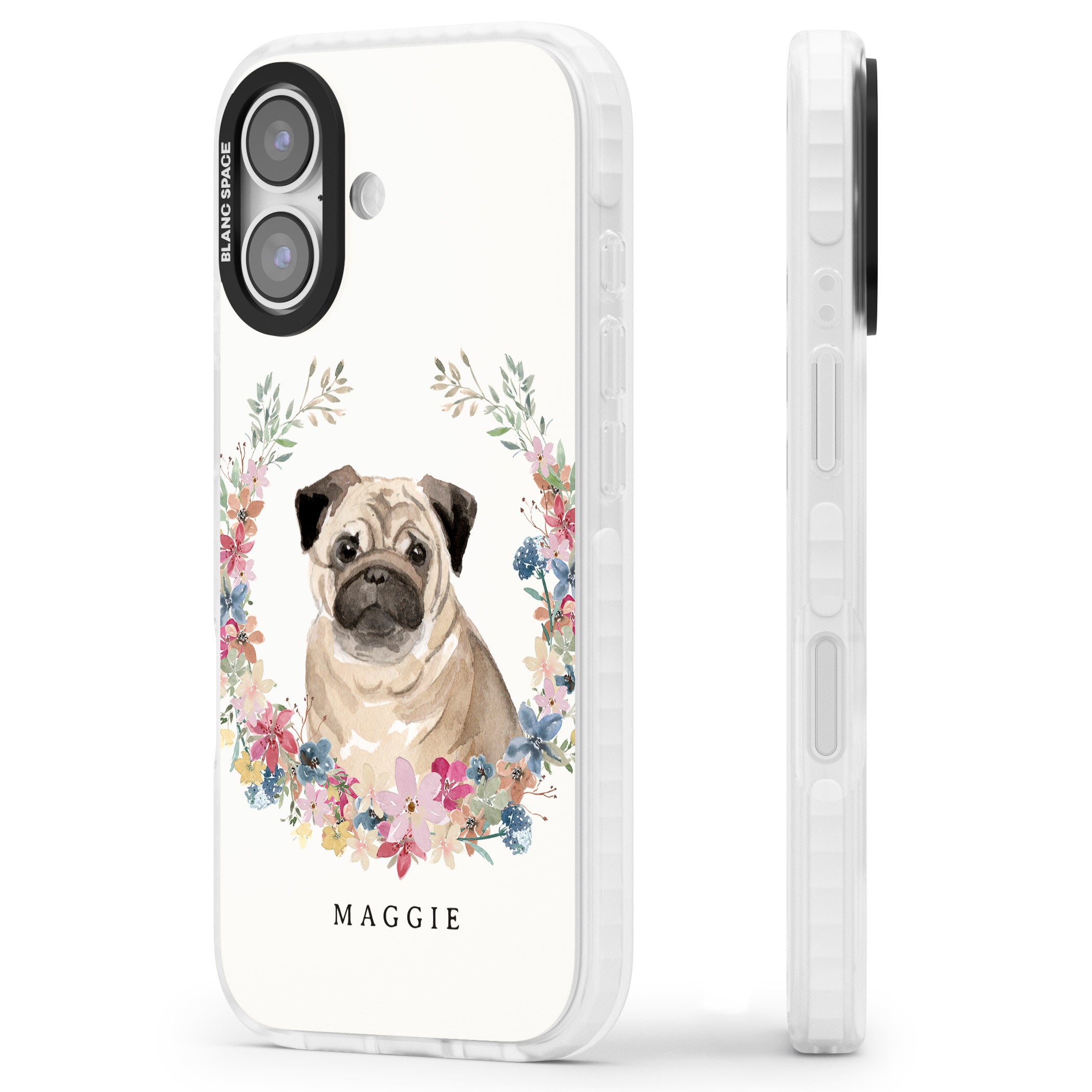 Personalised Pug Floral Portrait iPhone 17 Impact Clear Phone Case Side Profile