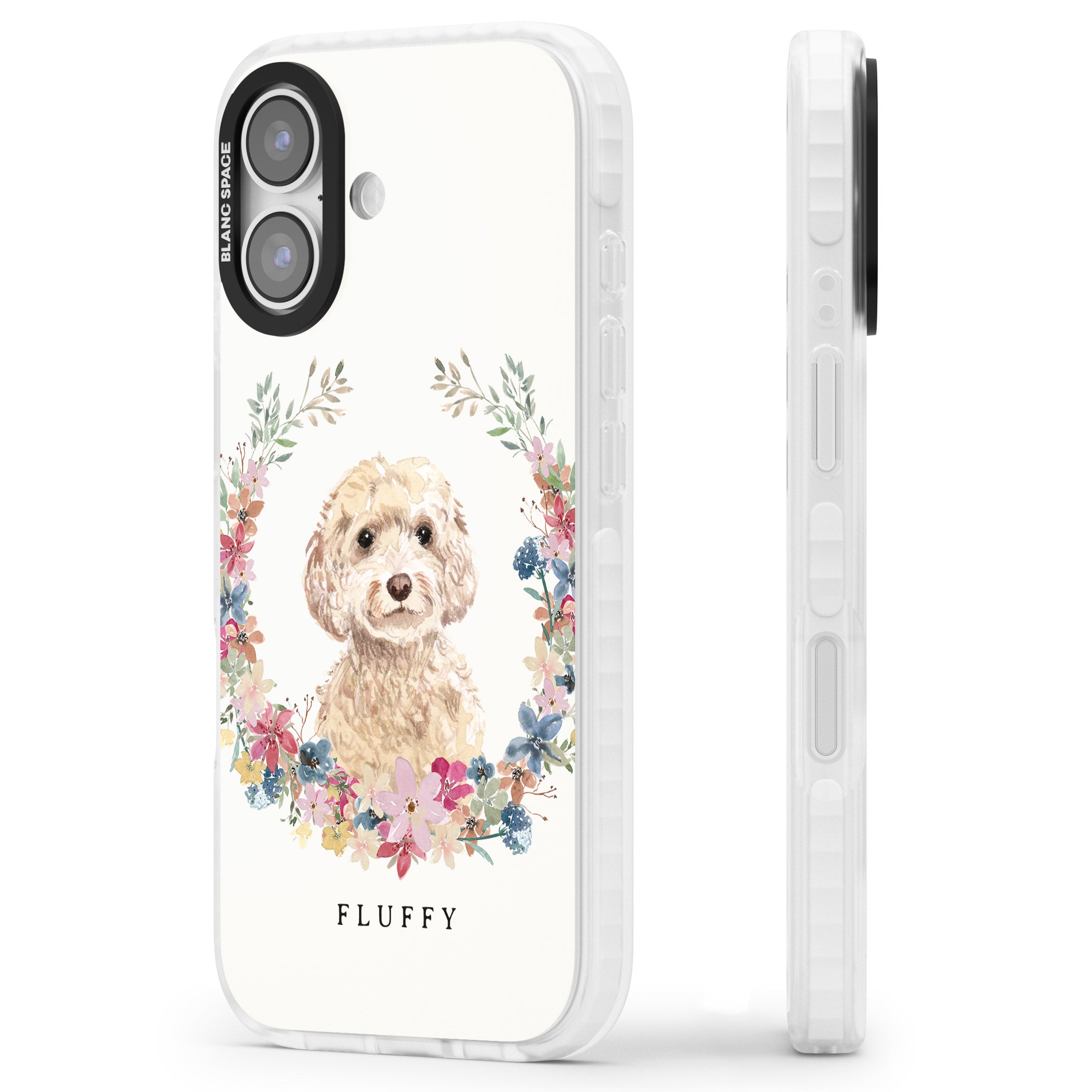 Personalised Champagne Cockapoo Floral Portrait iPhone 17 Impact Clear Phone Case Side Profile