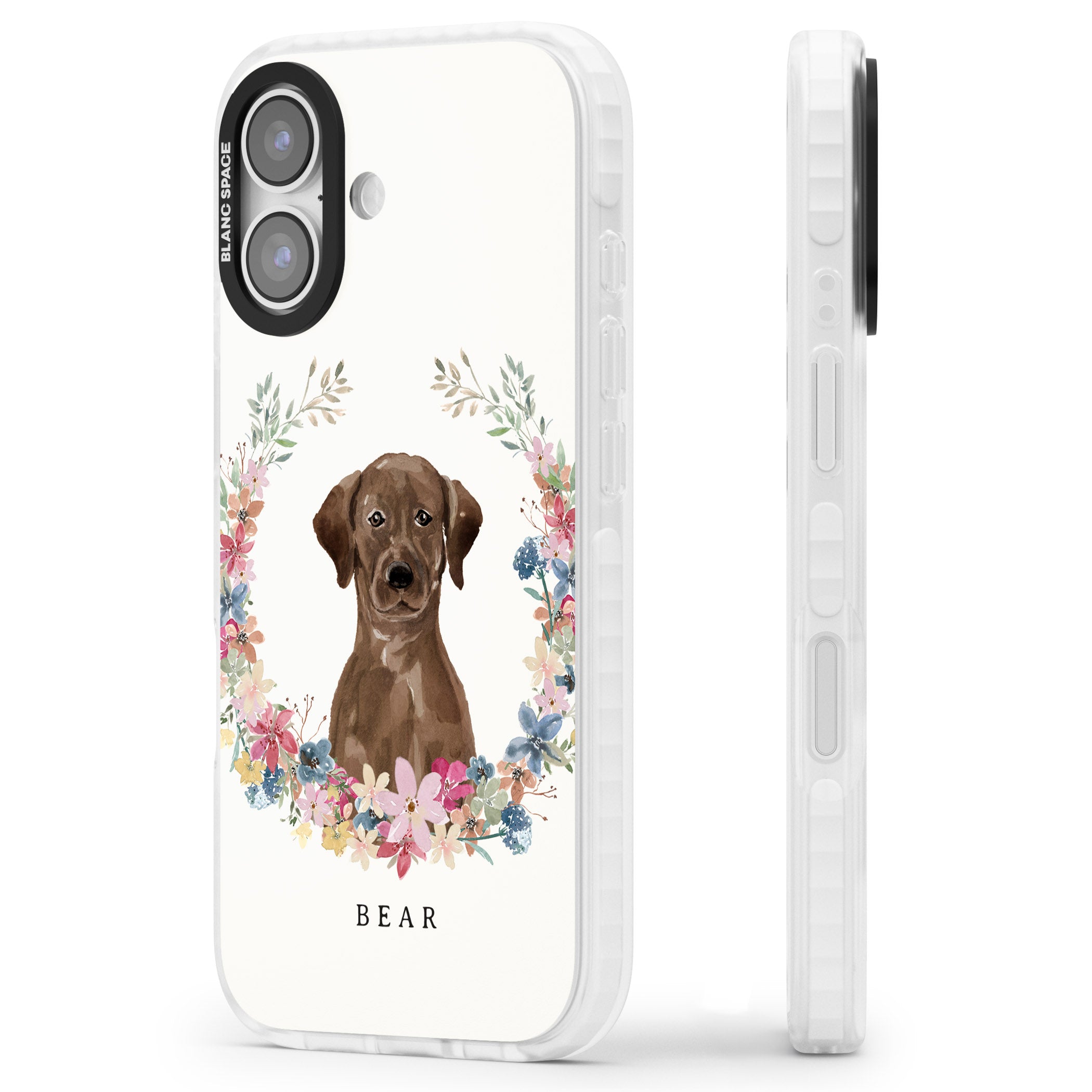 Personalised Chocolate Labrador Floral Portrait iPhone 17 Impact Clear Phone Case Side Profile